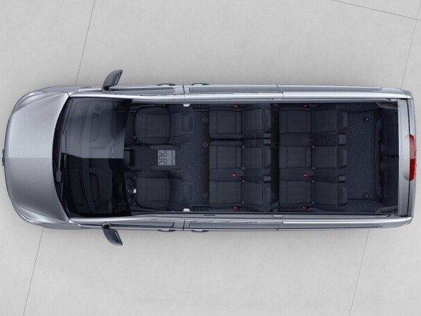 The eVito Tourer, extra long, with seating 3-seater bench seat in the 2nd row of seats, 3-seater bench seat in the 1st row with folding outer seat.