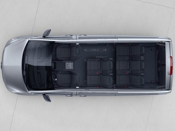 The eVito Tourer, extra long, with 2-seater bench seat in the 1st row, 3-seater bench seat in the 2nd row.