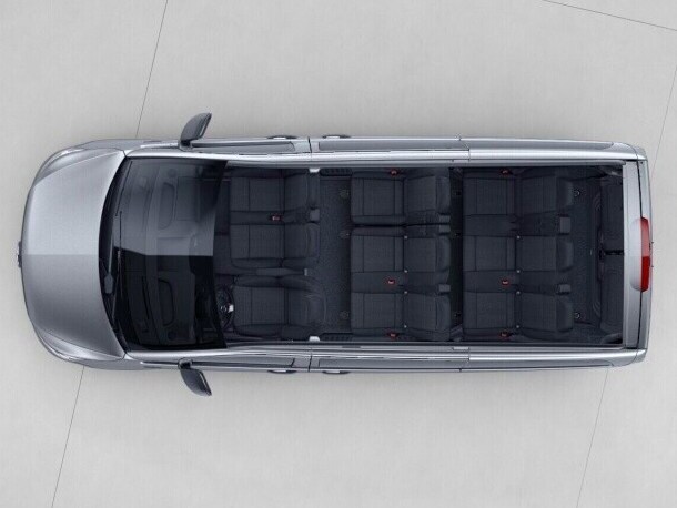 The eVito Tourer Long with seating 3-seater bench seat in the 2nd row of seats, 3-seater bench seat in the 1st row with folding outer seat.