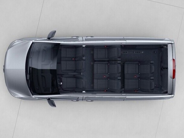 The long eVito Tourer with seating 3-seater bench in the 1st row with foldable outer seat, 2-seater bench seat in the 2nd row.