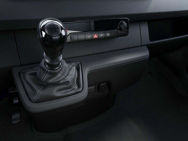 The gearshift lever for the 6-speed manual transmission in the Mercedes-Benz Sprinter Chassis.