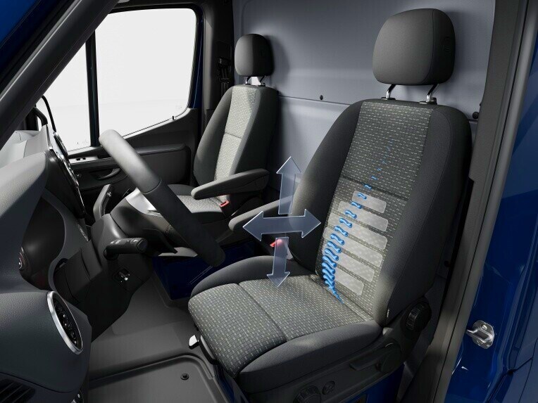 The driver's and front passenger's seat with lumbar support in the Mercedes-Benz Sprinter Panel Van.