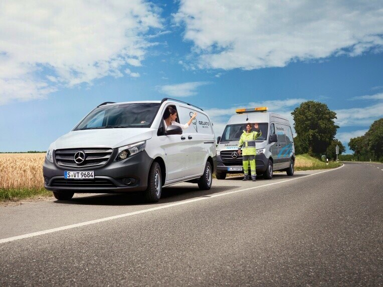 A Mercedes-Benz van in service operation.