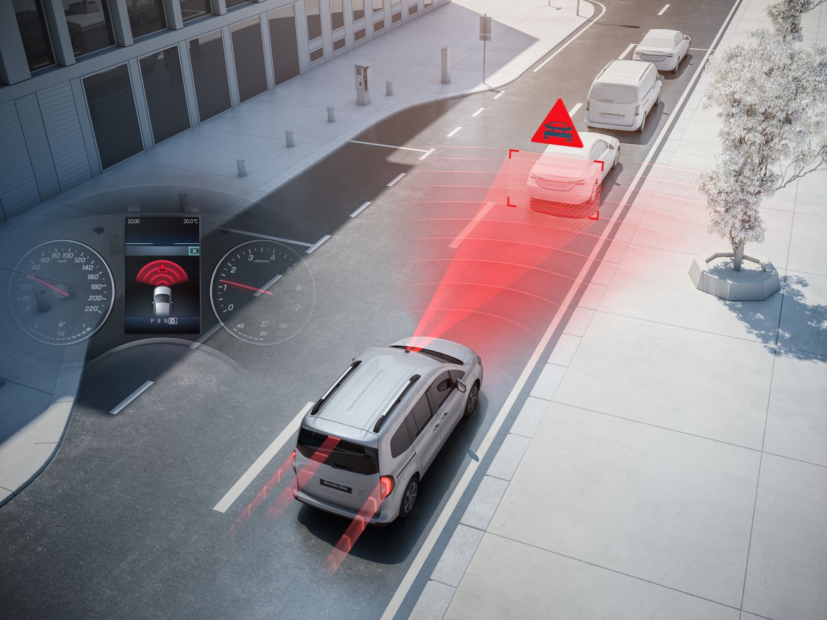 Driving assistance systems | Citan Panel Van | Mercedes-Benz Driving assistance system visualised in road traffic with the Mercedes-Benz Citan Panel Van.