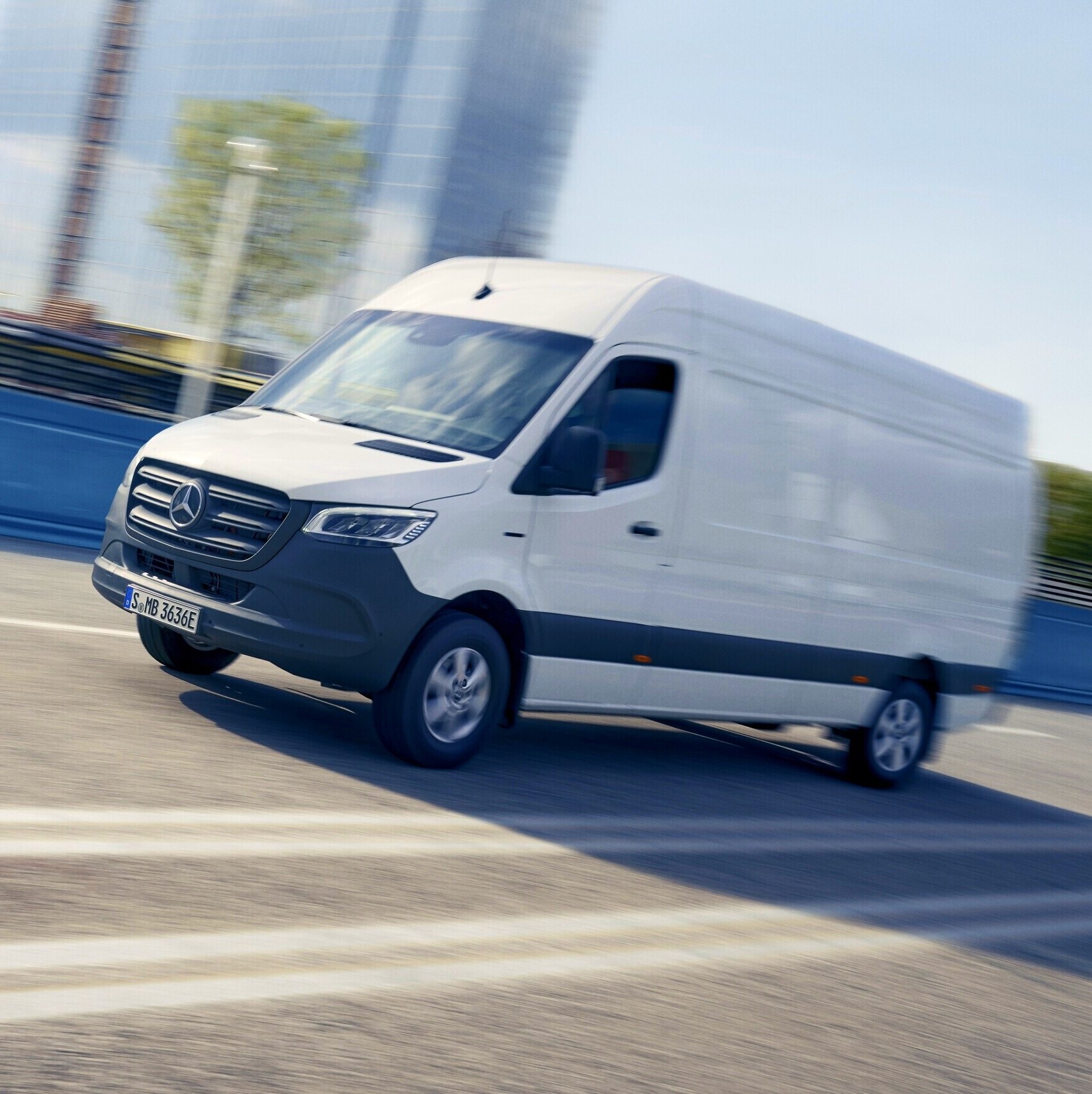 The Mercedes-Benz eSprinter Panel Van in the city centre.