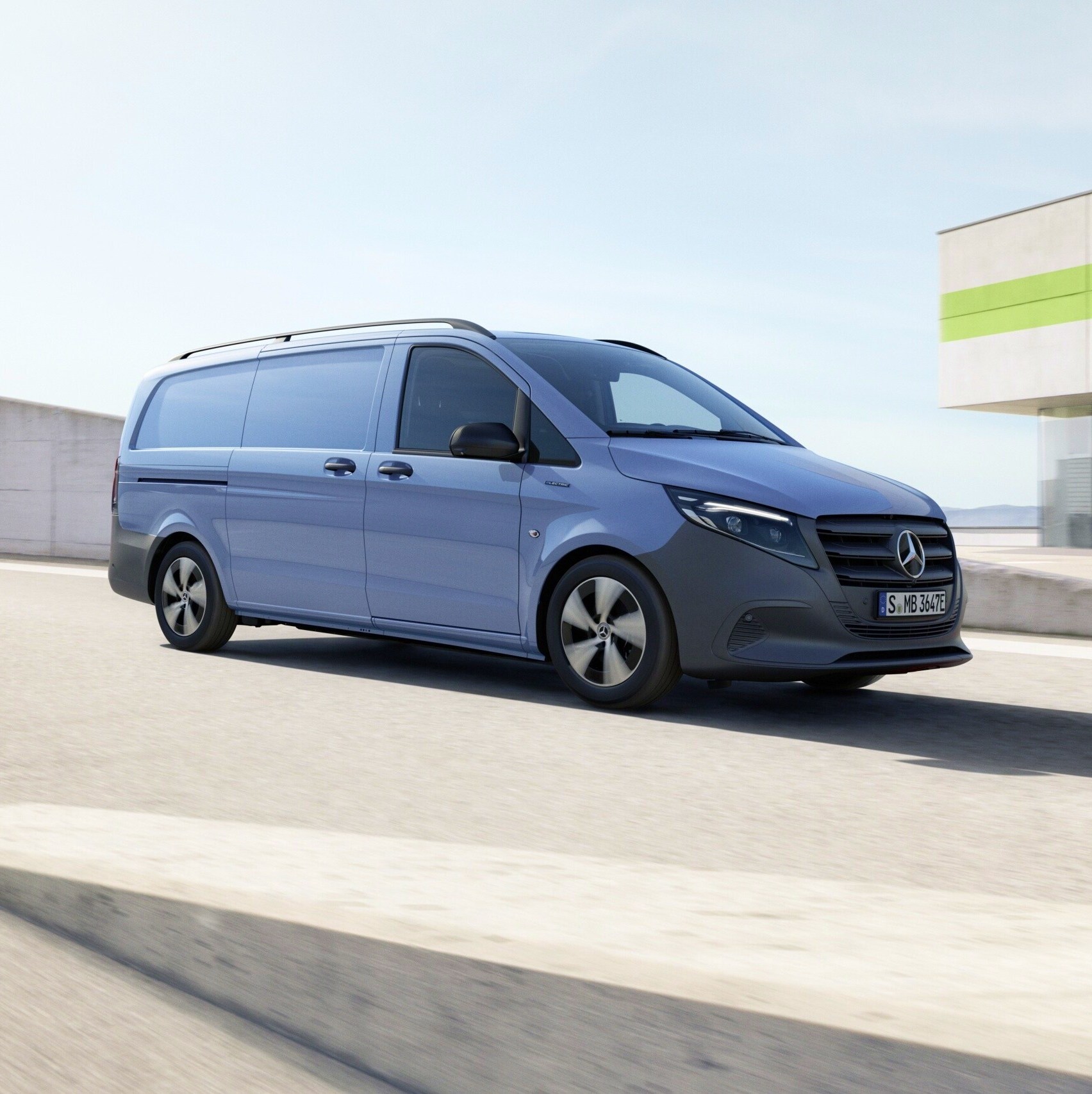 The Mercedes-Benz eVito Panel Van on the top level of a multi-storey car park.