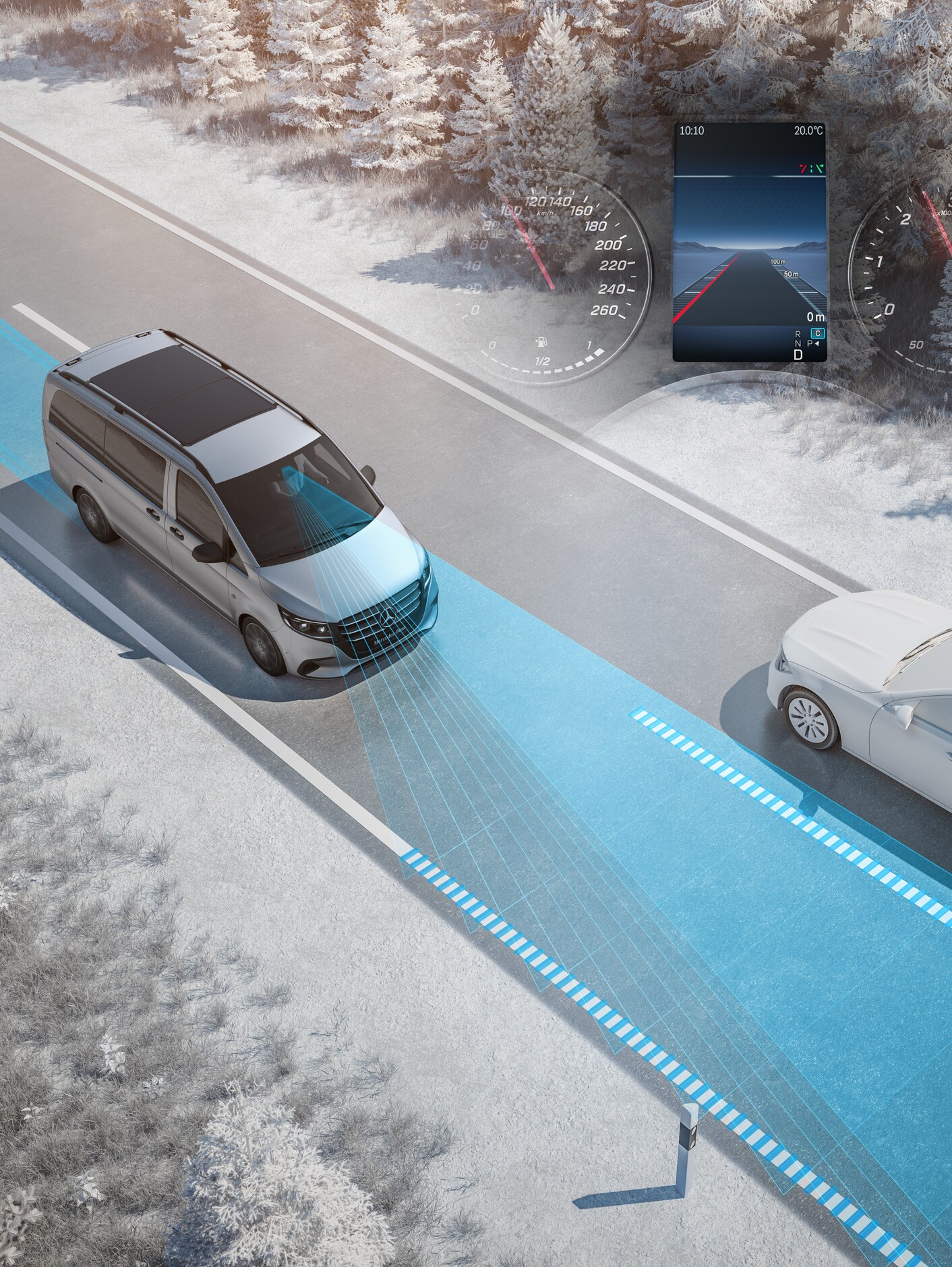 Illustration of the Active Lane Keeping Assist for Mercedes-Benz Vito models.
