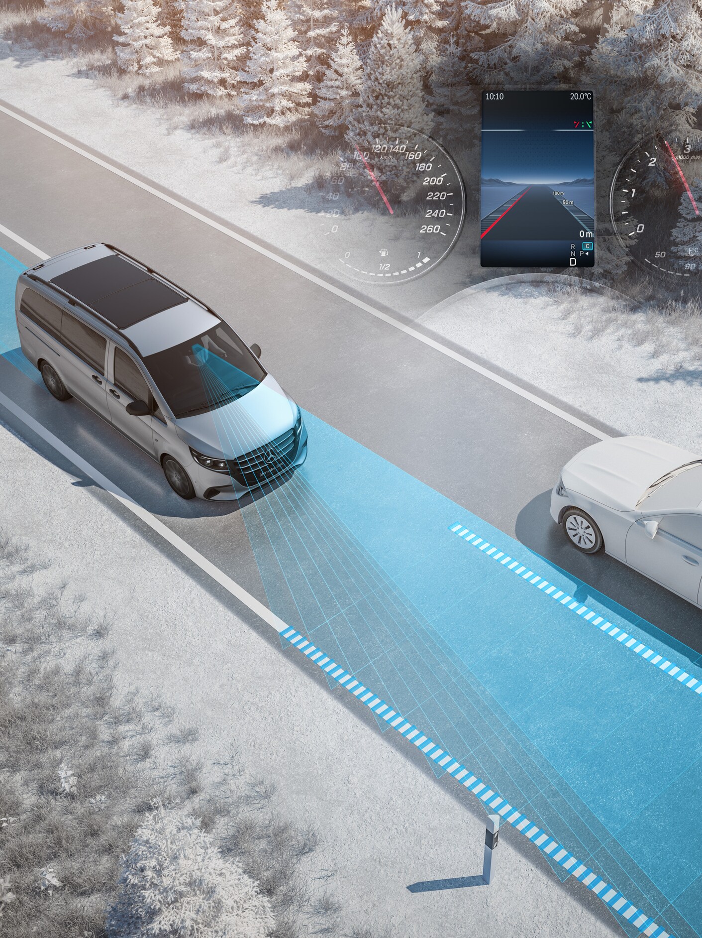 Illustration of the Active Lane Keeping Assist for Mercedes-Benz Vito models.