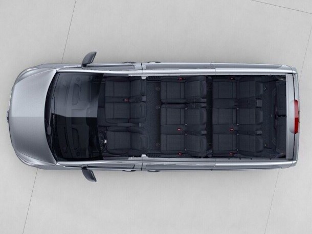 The Vito Tourer Long with seating layout 3-seater Comfort bench seat 1st row with folding outer seat and 3-seater Comfort bench seat 2nd row with folding outer seat.