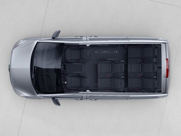The Vito Tourer Long with seating layout 2-seater bench seat 1st row, 3-seater bench seat 2nd row.