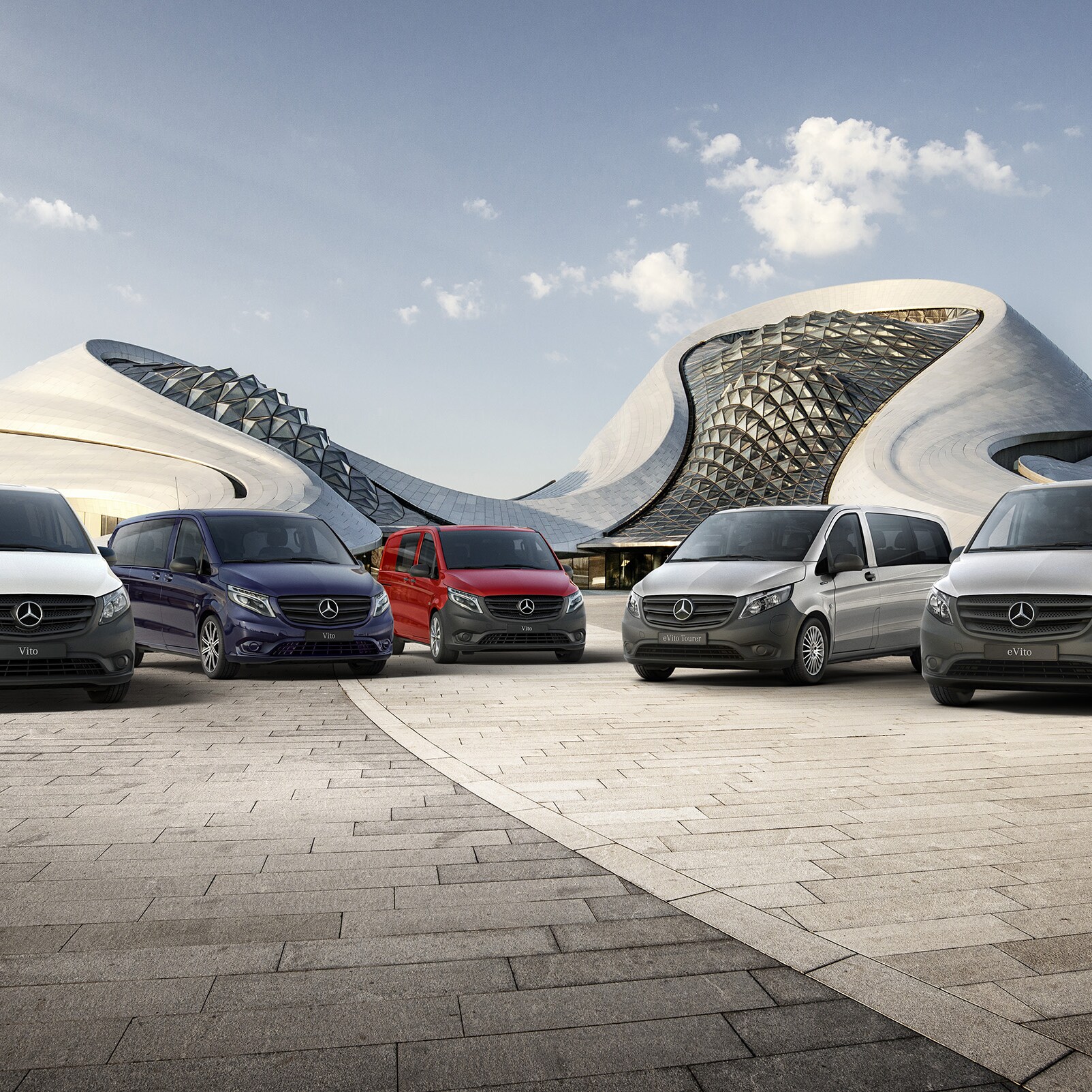 The Mercedes-Benz eVito panel van, Vito panel van, Vito Crew, eVito Tourer and Vito Tourer stand side by side in front of a futuristic building