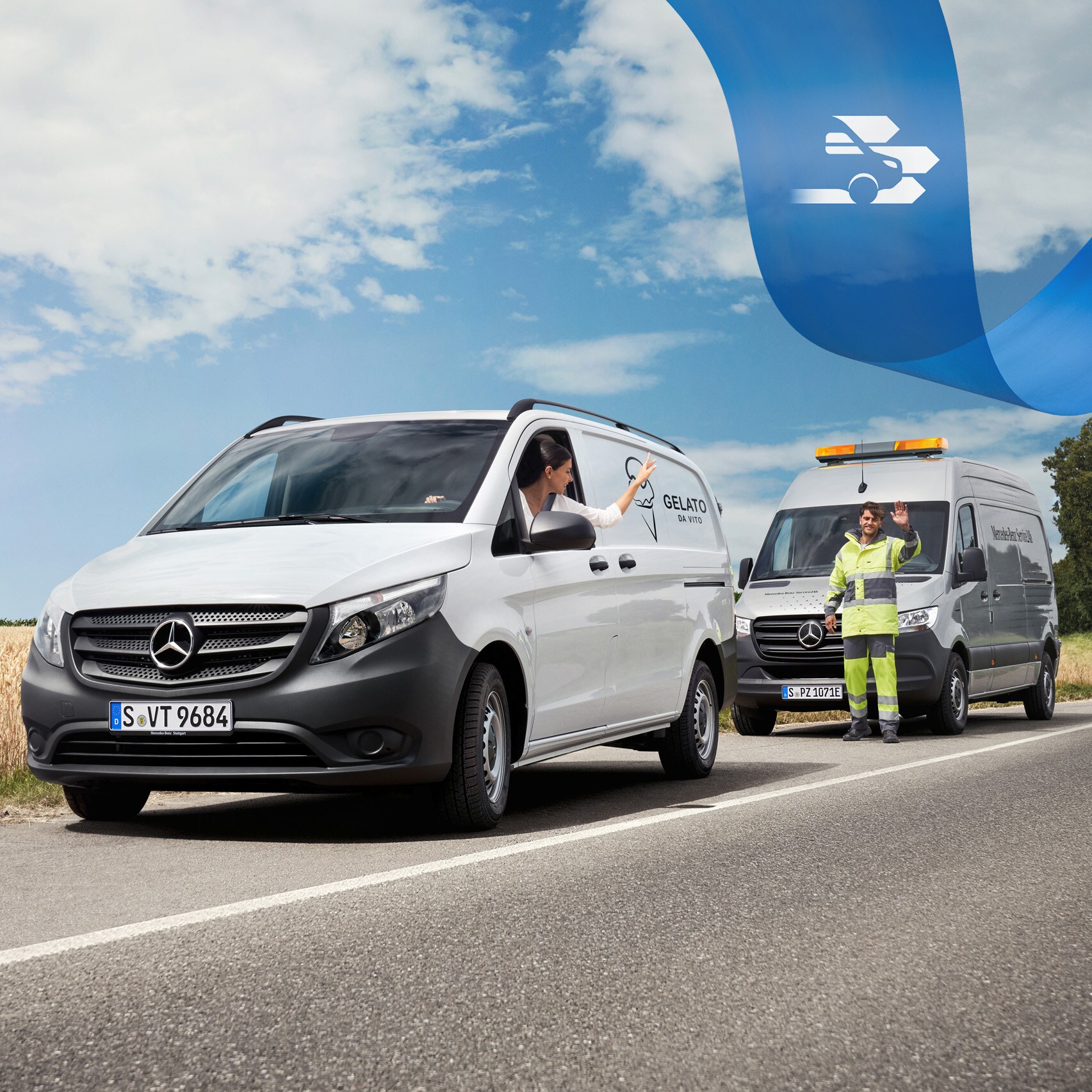 Competent support when it comes to care: Mercedes-Benz Service helps van driver at the side of the road, both wave in a friendly manner.