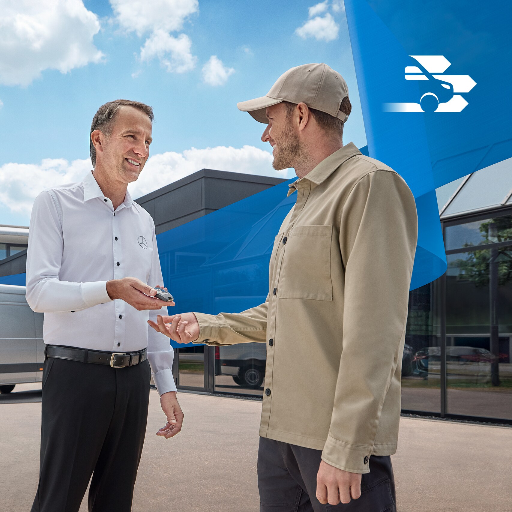 Two men talking about the Mercedes-Benz mobility service – easy handover and flexible mobility solutions for customers.