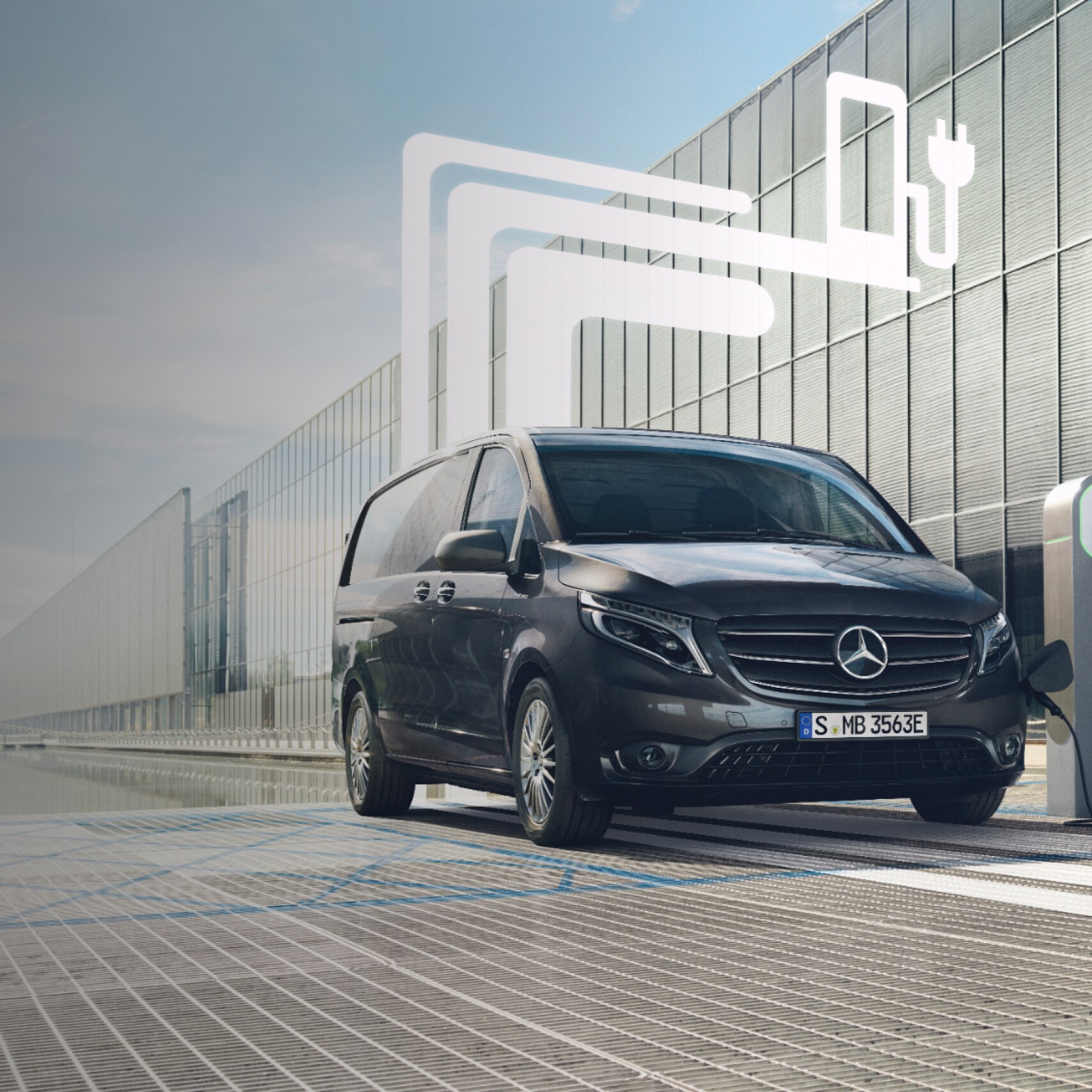 A Mercedes-Benz van with graphic elements representing the Digital Extras.