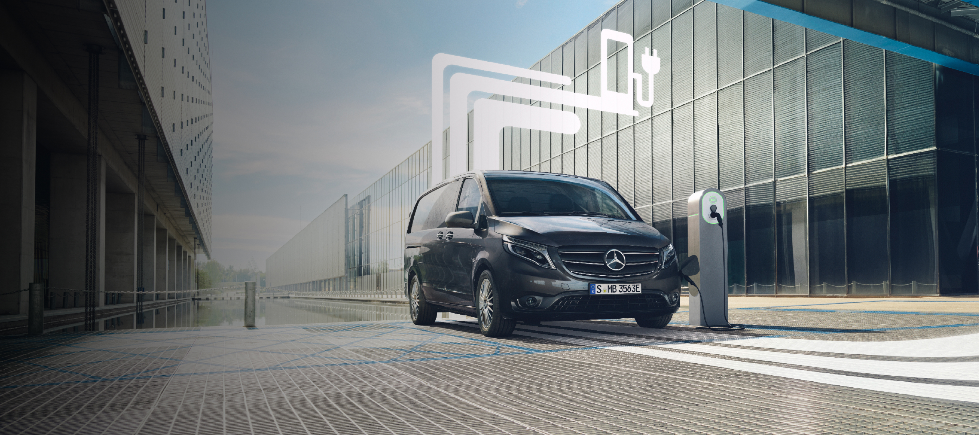E-Mobility | Digital Extras | Mercedes-Benz A Mercedes-Benz van with graphic elements representing the Digital Extras.
