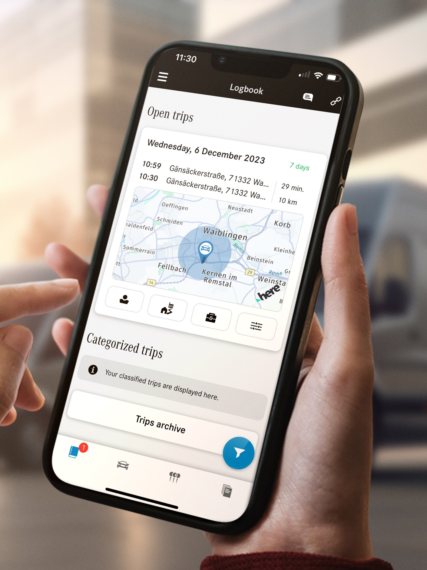 The Digital Logbook function from Mercedes-Benz on a smartphone.