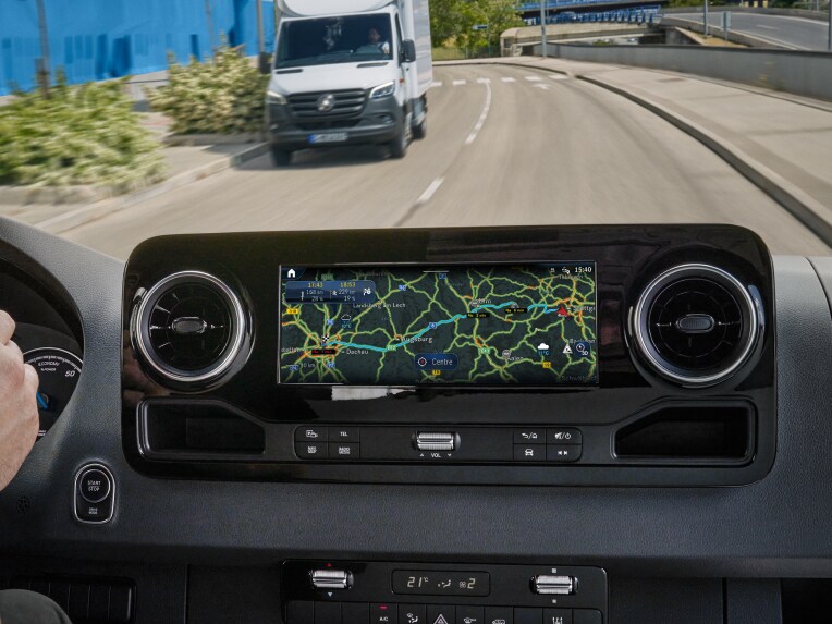Navigation in the MBUX multimedia system in a Mercedes-Benz van.