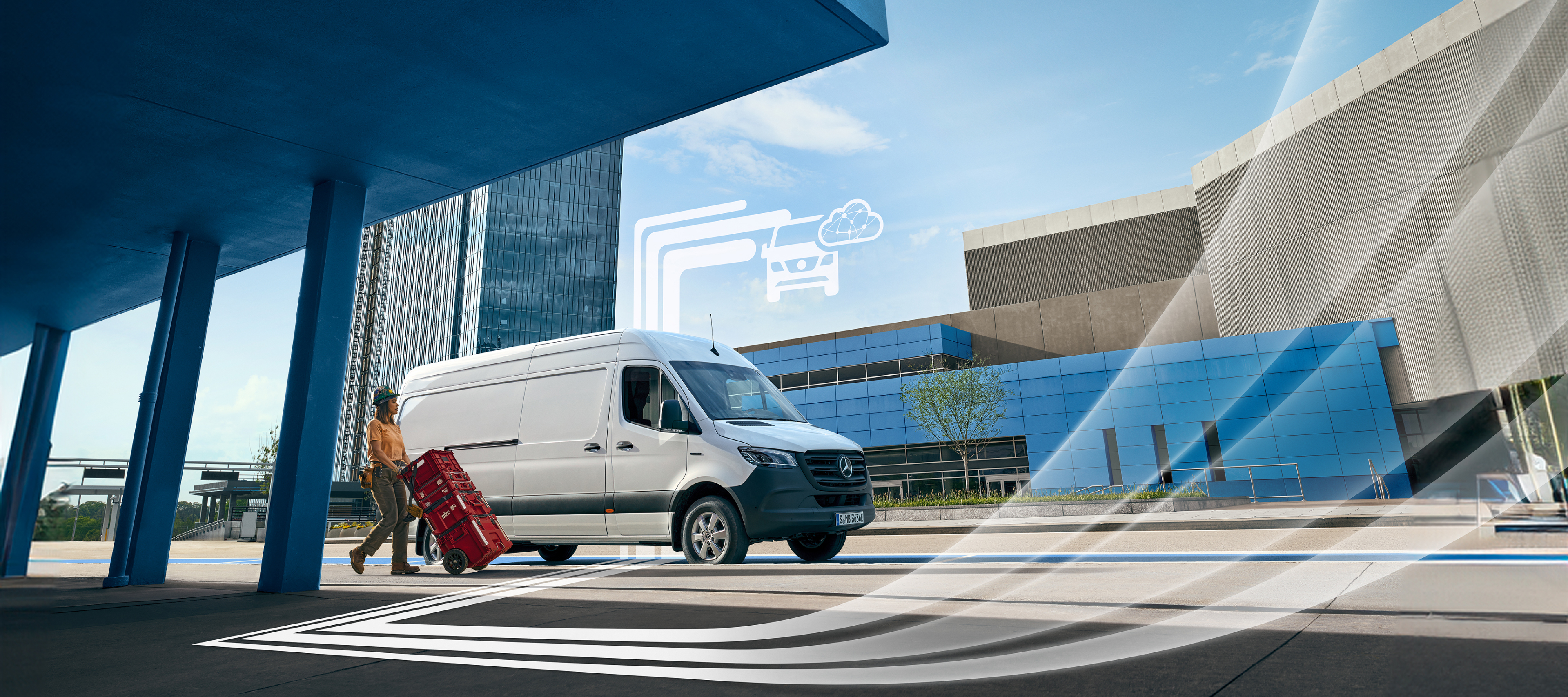 Additional Digital Extras | Digital Extras | Mercedes-Benz A Mercedes-Benz van with graphic elements representing the Digital Extras.