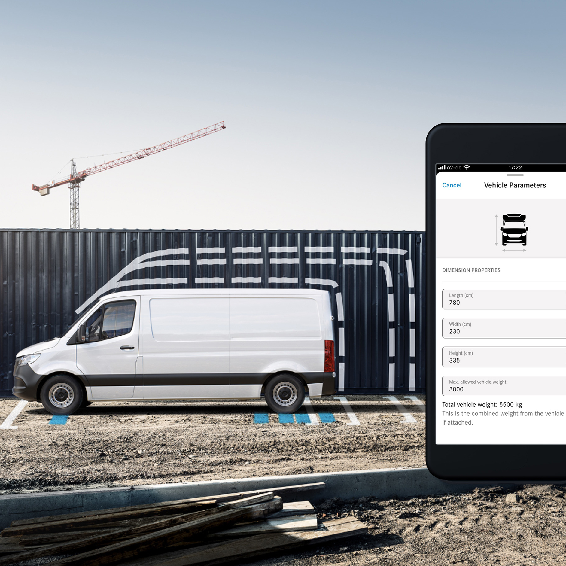 Navigation for Trailers and Oversized Vehicles | Digital Extras | Mercedes-Benz Graphical view of the vehicle dimensions in the Mercedes-Benz App on a smartphone.