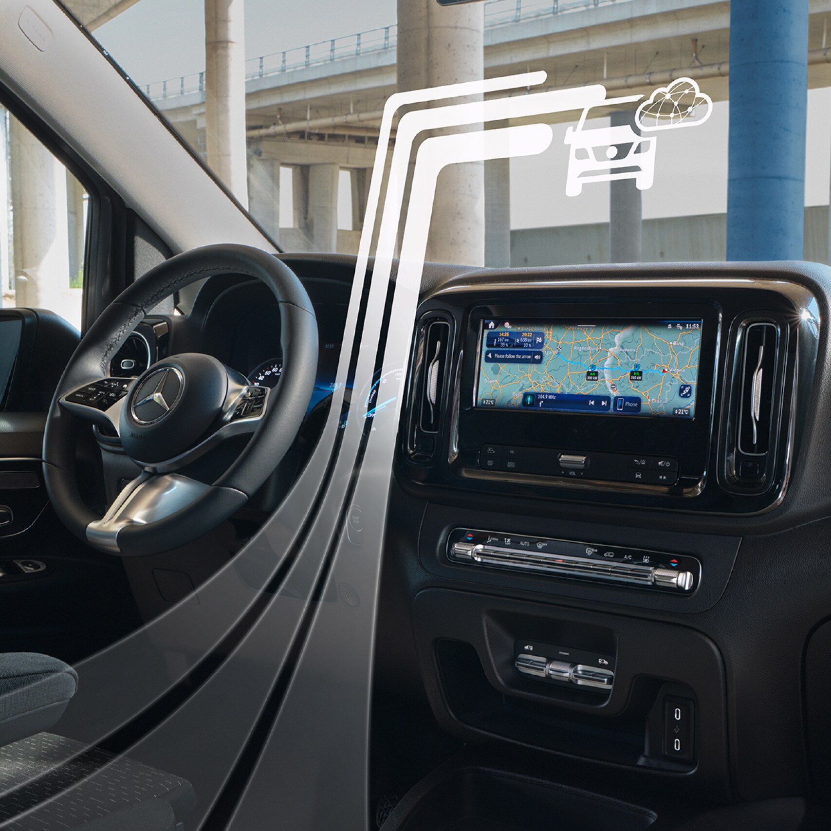 The Navigation function in the MBUX multimedia system with graphic elements that display the Digital Extras.