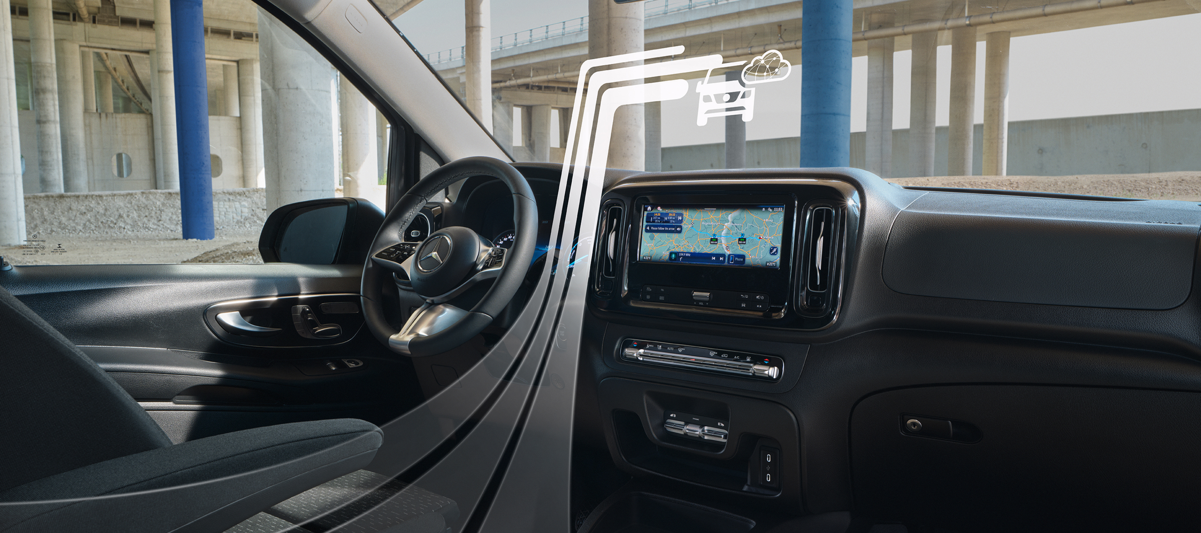 Navigation | Digital Extras | Mercedes-Benz The Navigation function in the MBUX multimedia system with graphic elements that display the Digital Extras.