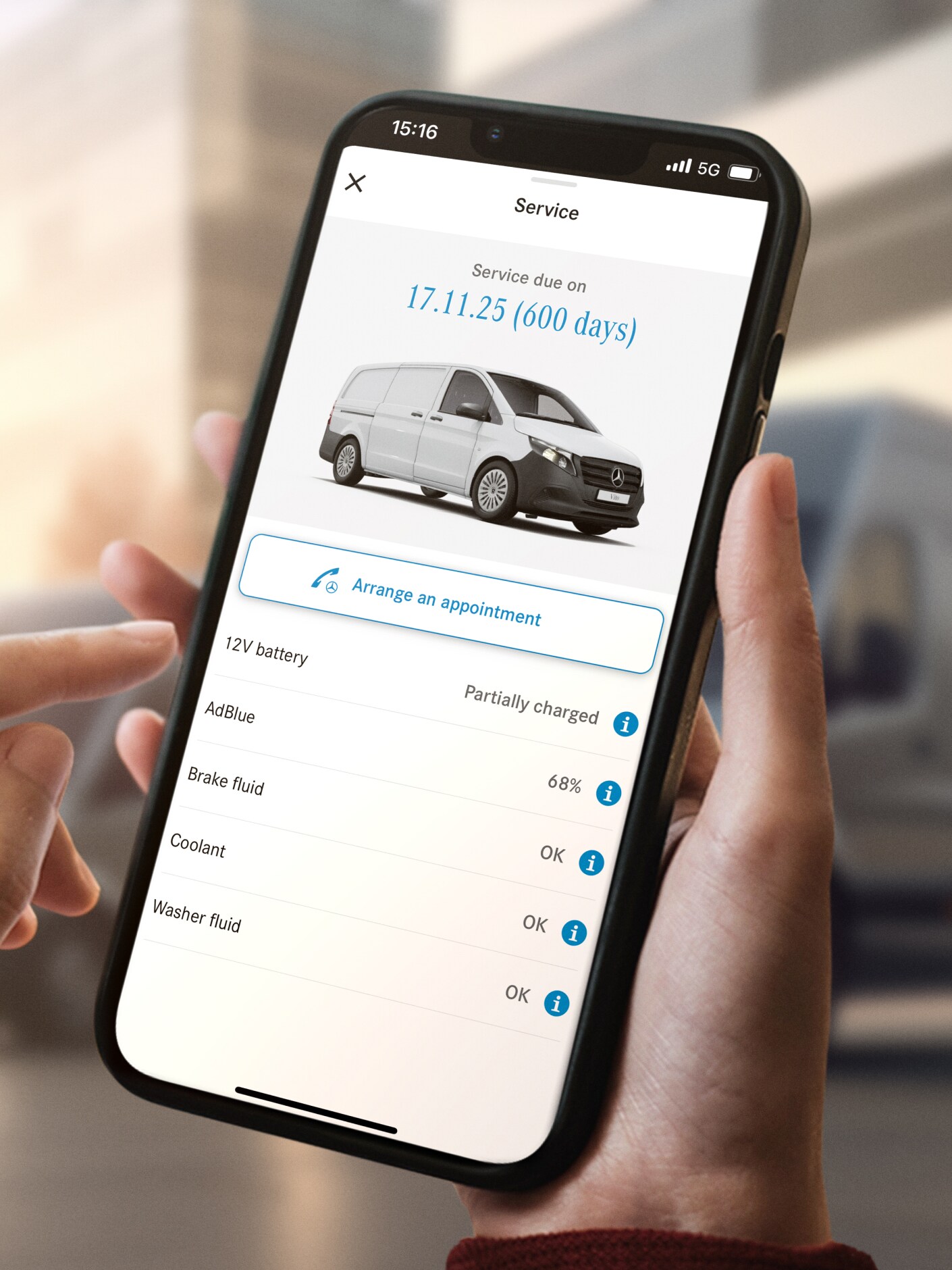 The Mercedes-Benz Maintenance Management function on a smartphone.