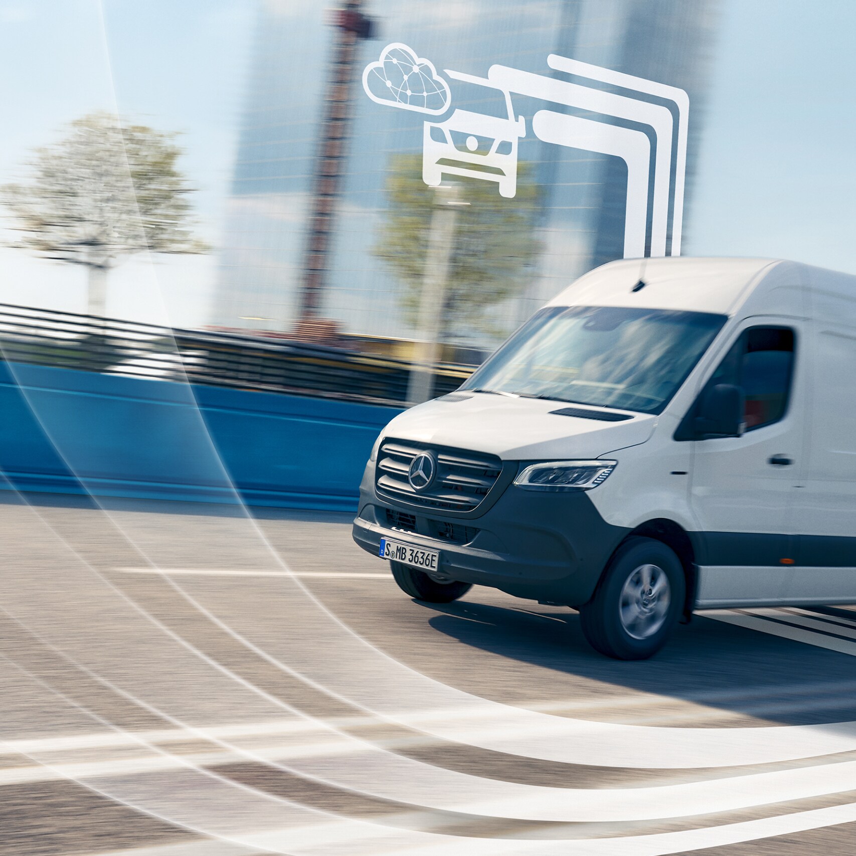 A Mercedes-Benz van with graphic elements representing the Digital Extras.
