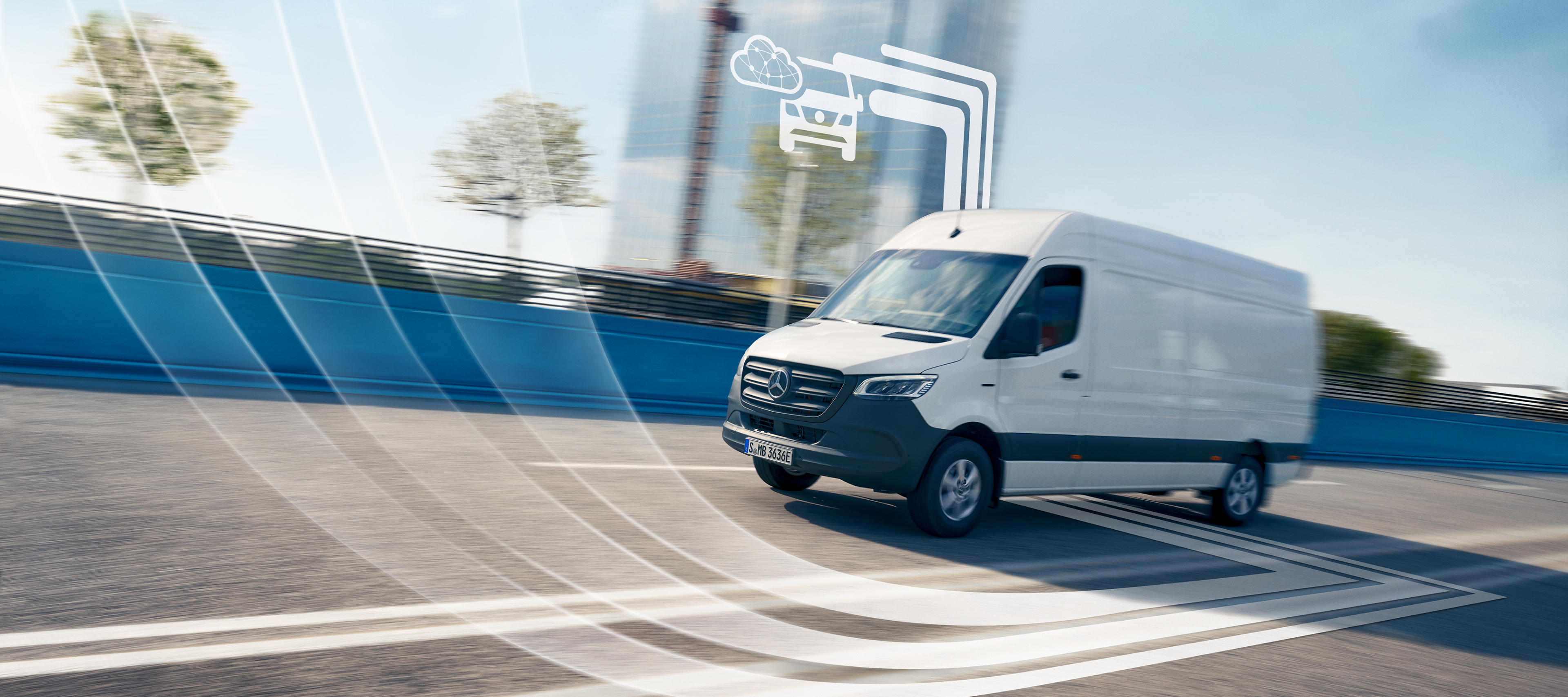 Standard Equipment | Digital Extras | Mercedes-Benz A Mercedes-Benz van with graphic elements representing the Digital Extras.