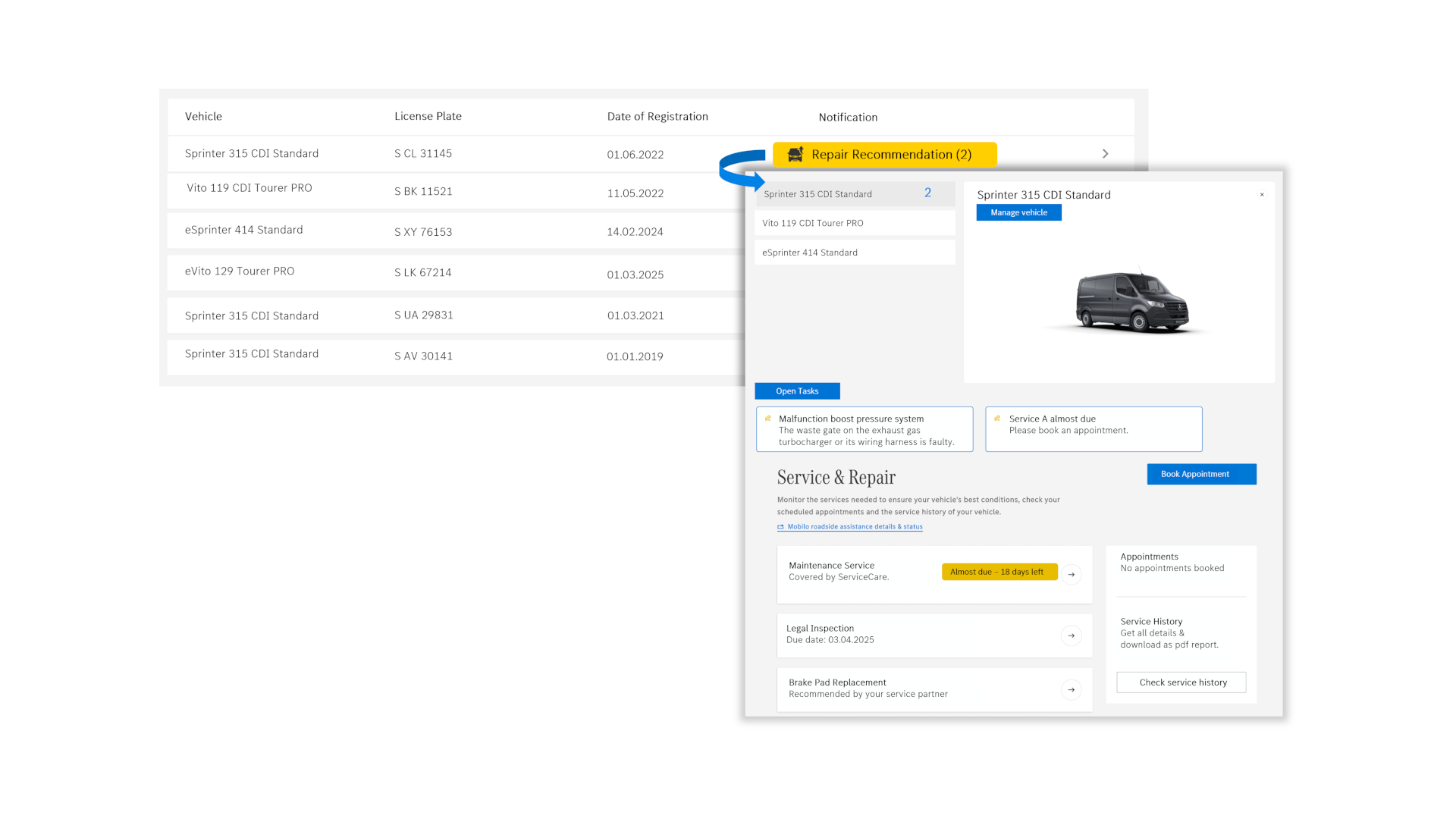 Van Uptime Monitor | Digital Extras | Mercedes-Benz An insight into the Mercedes-Benz Van Uptime Monitor Digital Extra: display of a vehicle list with various status information and recommended actions.