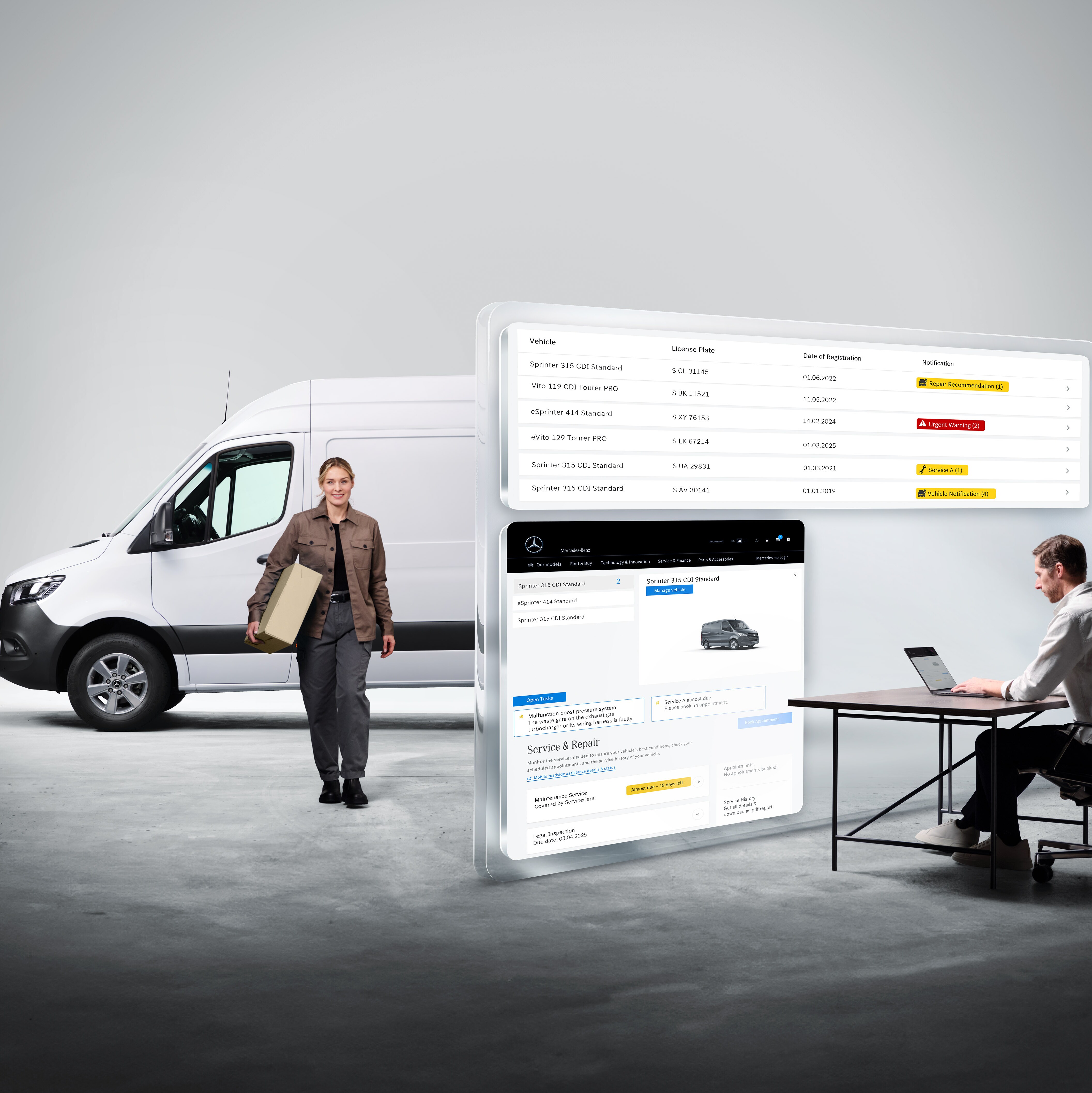 The screens displaying digital services of Mercedes-Benz with persons and a Mercedes-Benz Sprinter in the background.