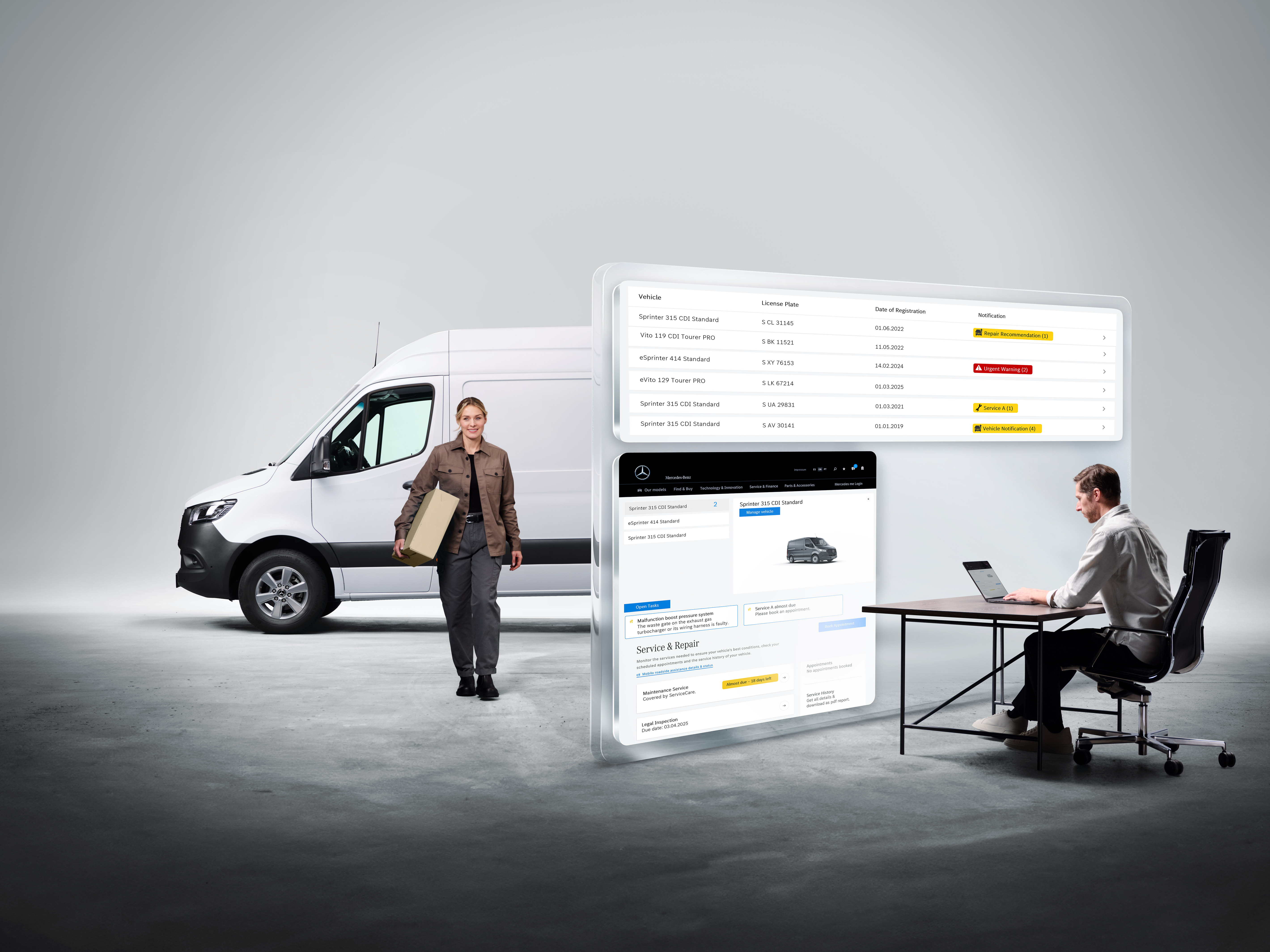 Van Uptime Monitor | Digital Extras | Mercedes-Benz The screens displaying digital services of Mercedes-Benz with persons and a Mercedes-Benz Sprinter in the background.