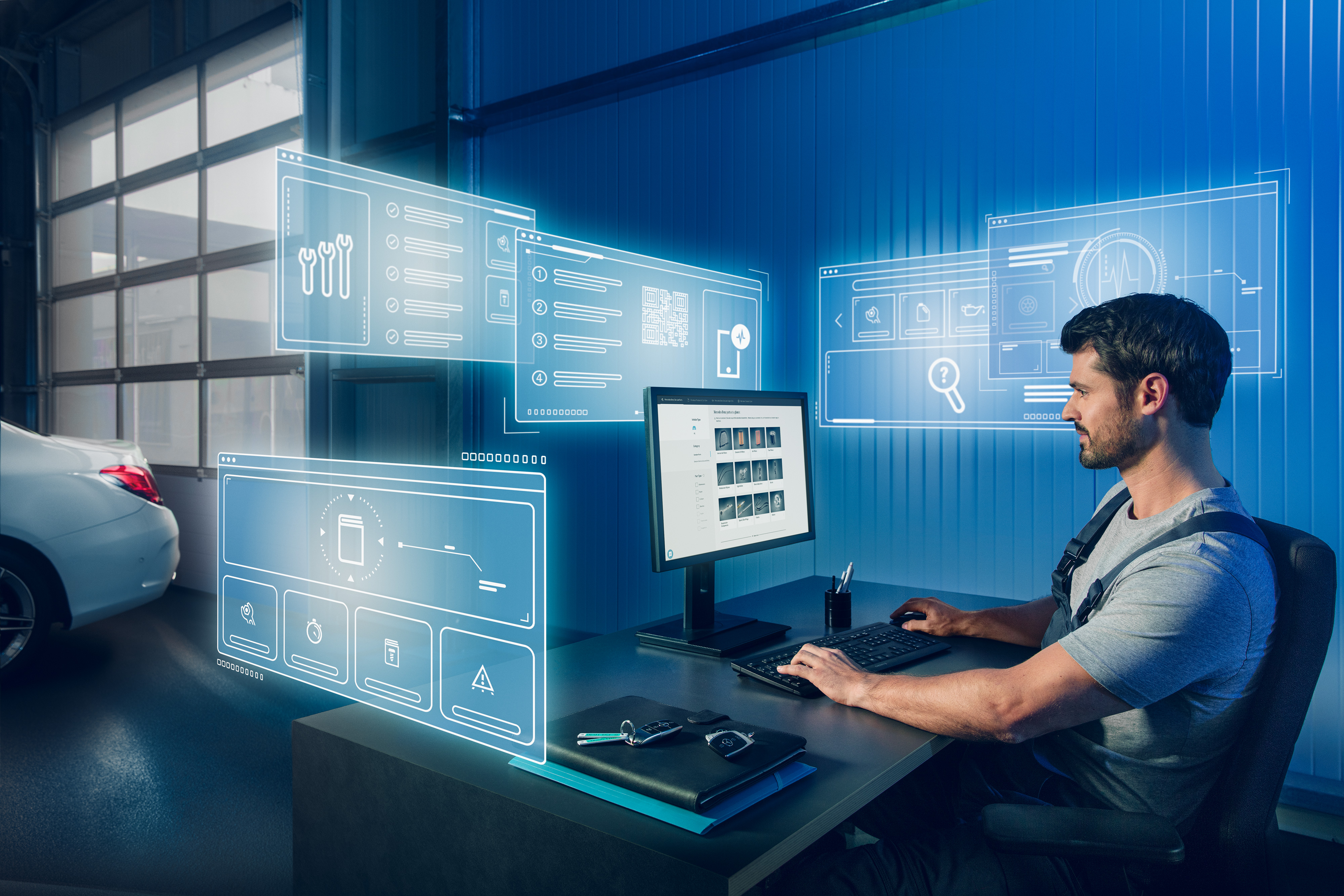 Mercedes-Benz | Vans Quality GenuineParts Mechanic searching for suitable Mercedes-Benz Genuine Parts in the Mercedes spare parts catalogue on the computer.