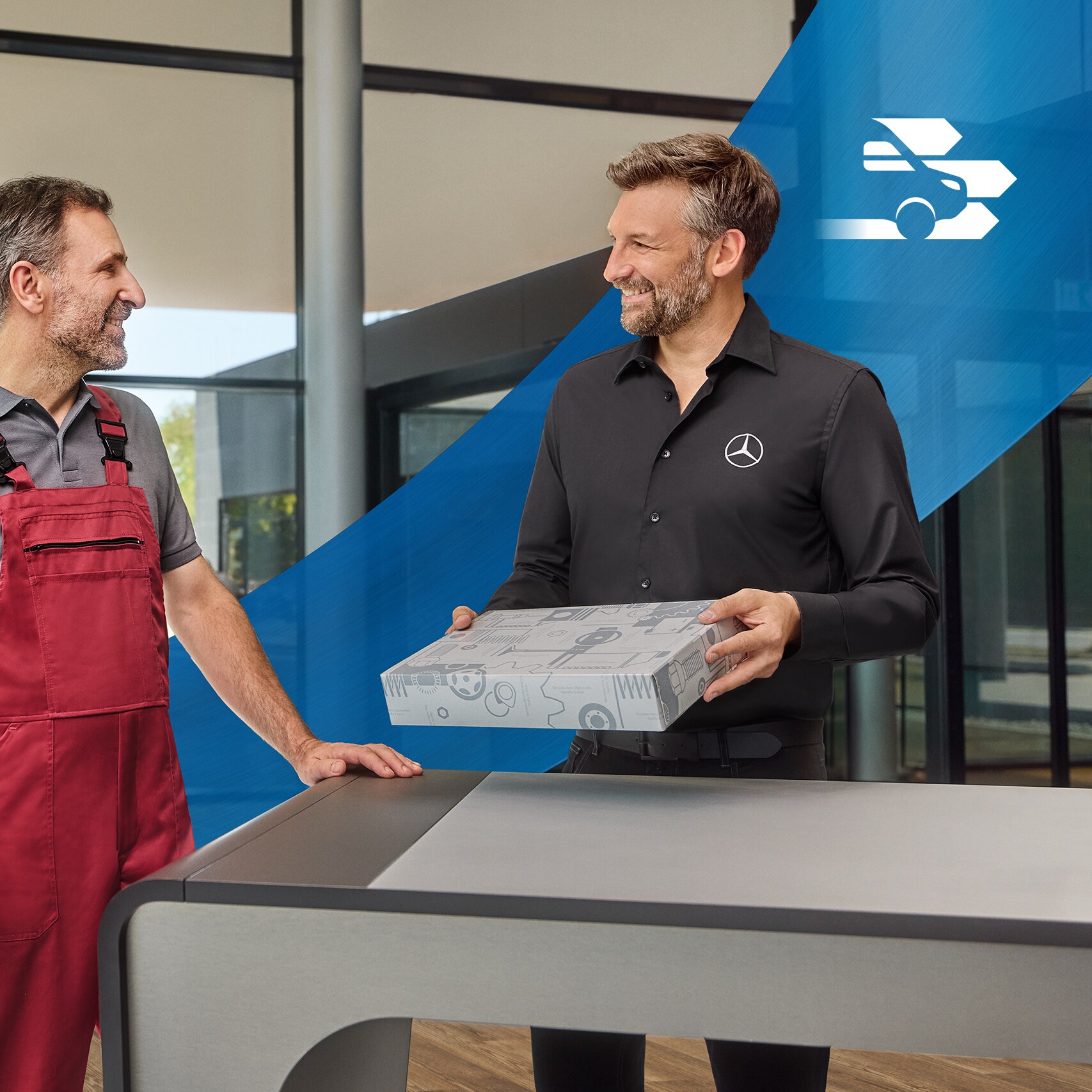Mercedes-Benz Parts and Accessoires Specialist talking to another employe about the Quality standards. Wavy blue ribbon crossing the background.