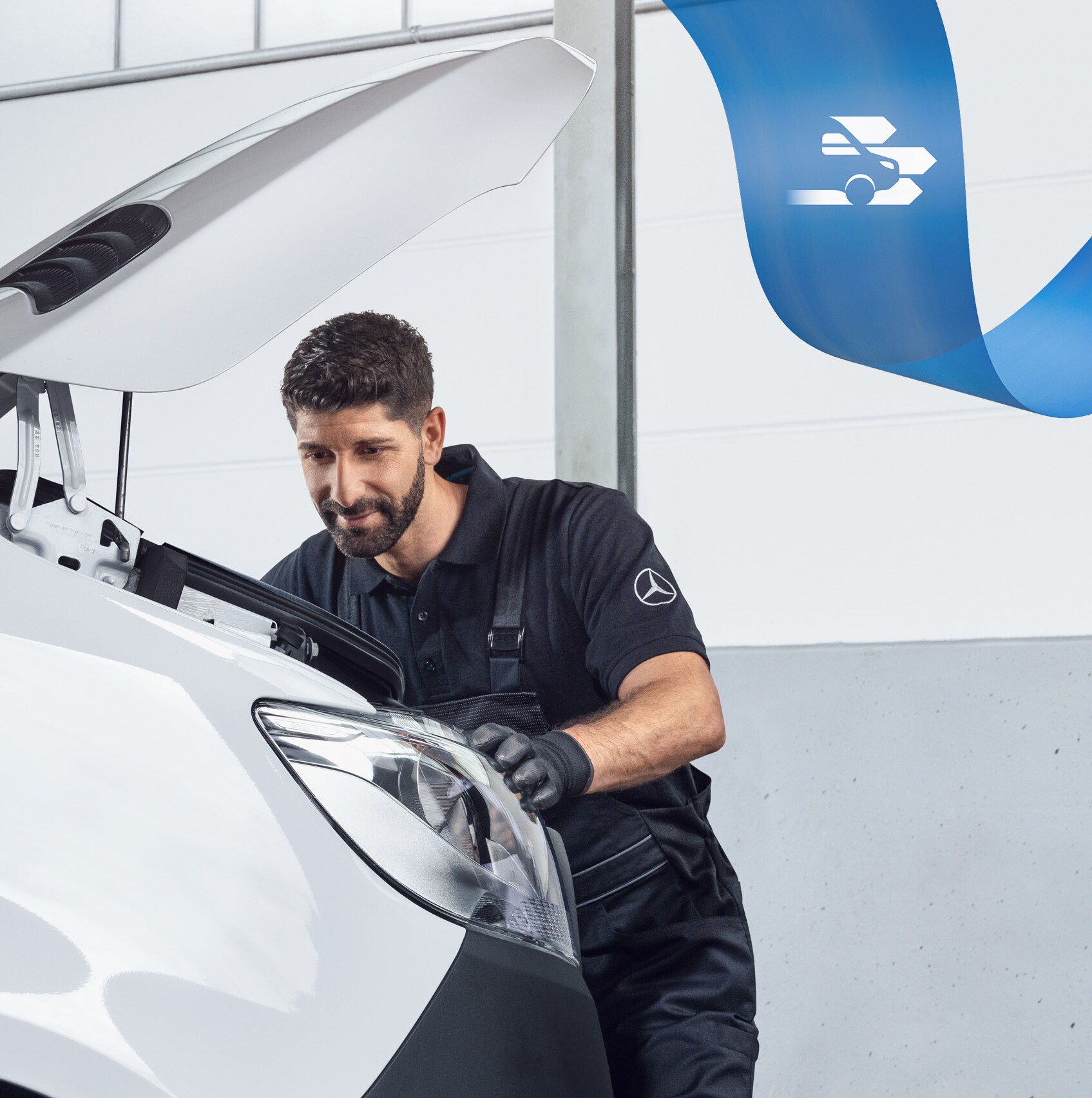 Mercedes-Benz specialist working on a van with special tools for optimum ease of repair.
