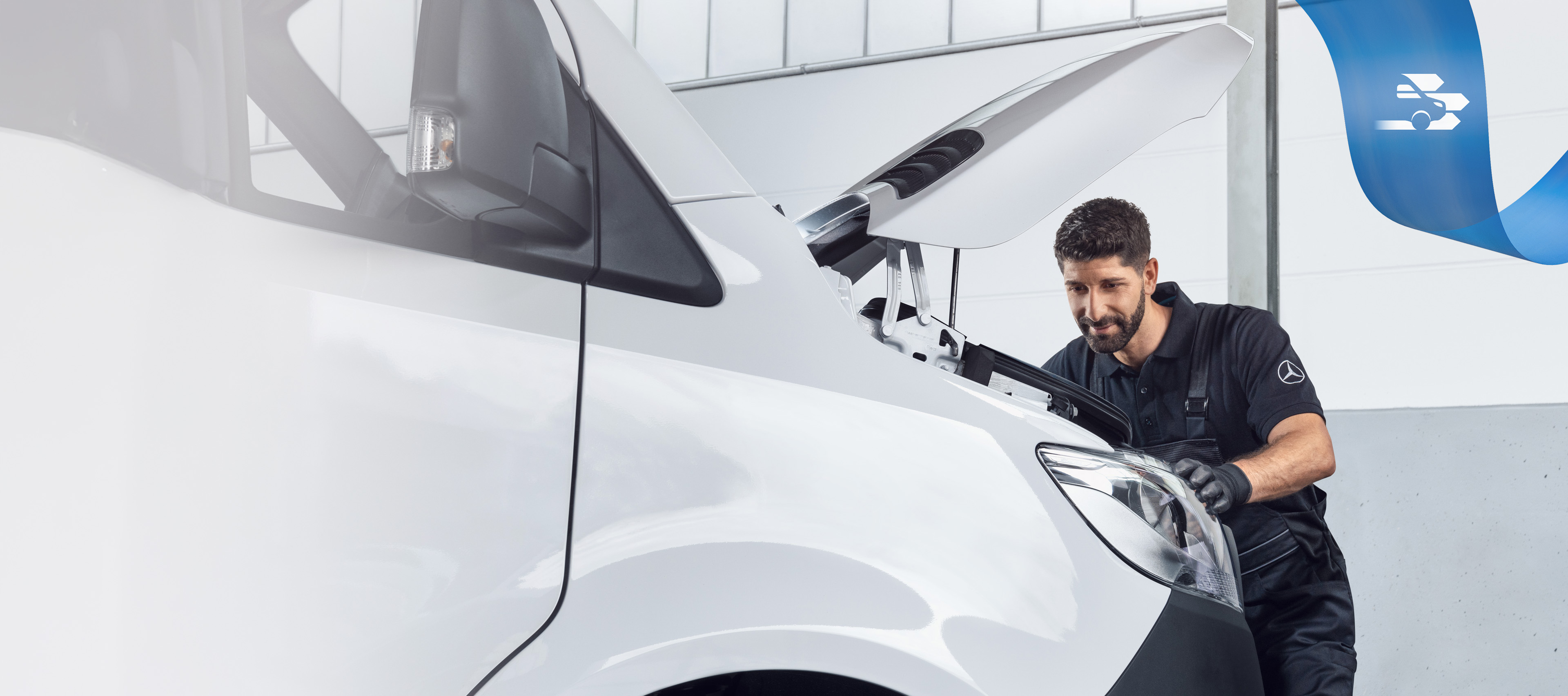 Mercedes-Benz | Vans Quality Engineering Mercedes-Benz specialist working on a van with special tools for optimum ease of repair.