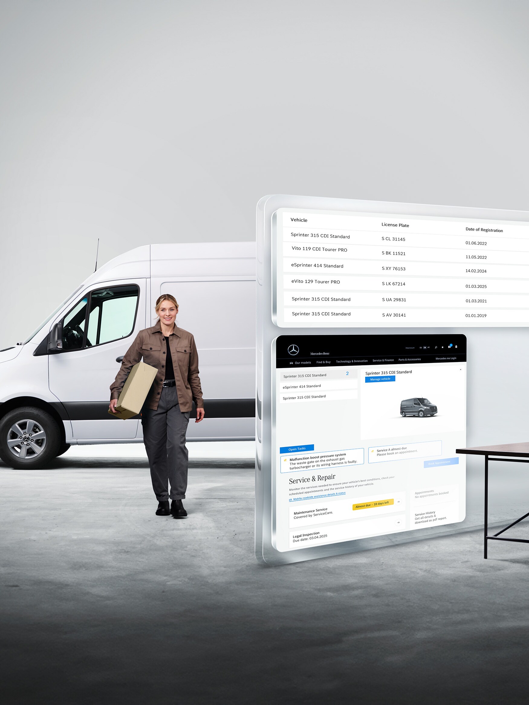 Large computer screens displaying Mercedes-Benz Van Uptime monitoring. A delivery person stands in front of a white Mercedes-Benz Sprinter in the background.