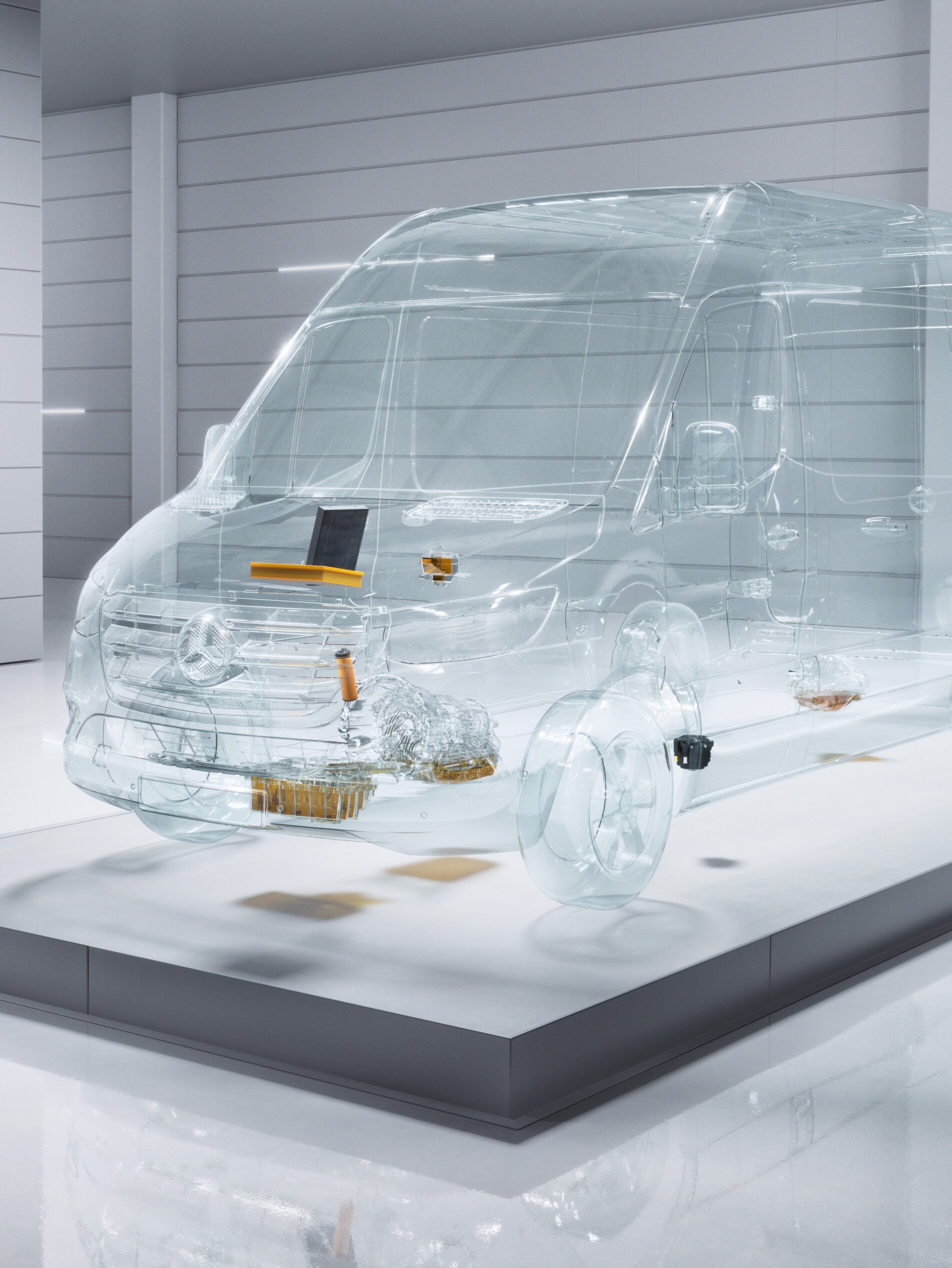 A virtual transparent Mercedes-Benz Sprinter van in a workshop setting.