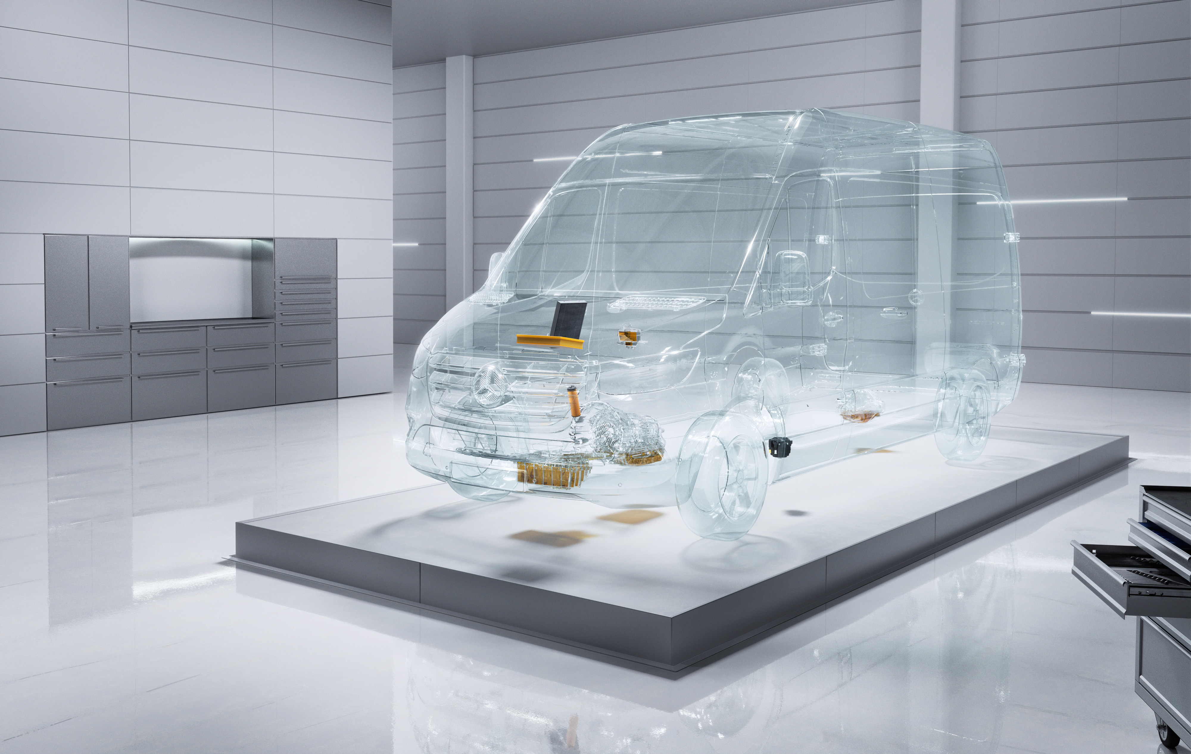 Mercedes-Benz | Van ServiceCare | Optimally maintained A virtual transparent Mercedes-Benz Sprinter van in a workshop setting.