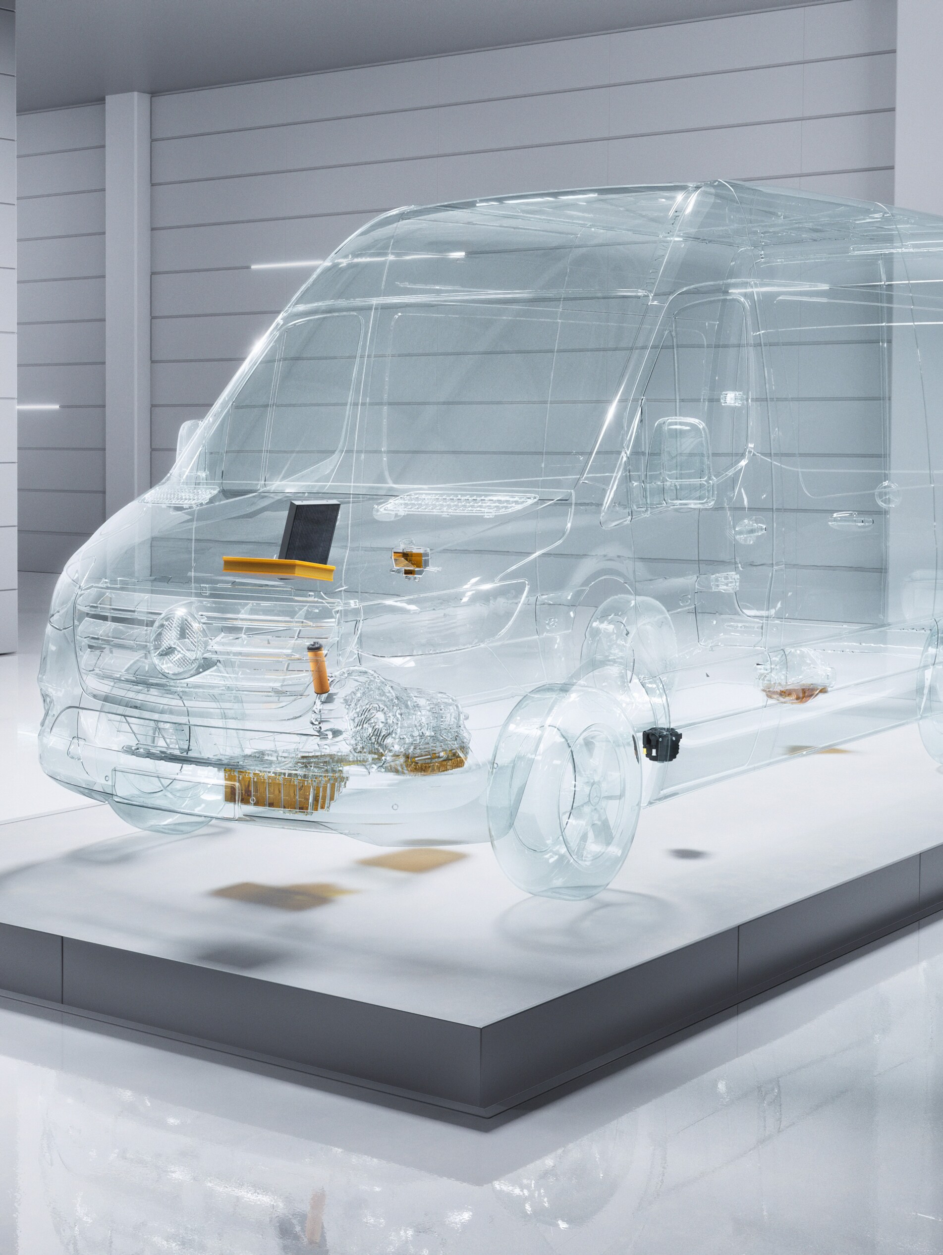 A virtual transparent Mercedes-Benz Sprinter van in a workshop setting.
