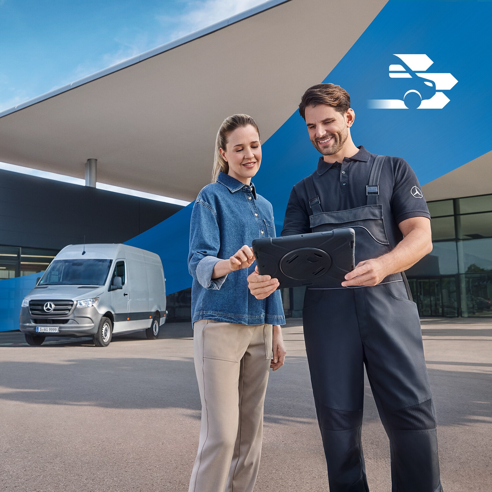 A Mercedes-Benz Technician talking with a customer in front of a dealership – comprehensive commercial vehicle service for Mercedes-Benz customers.
