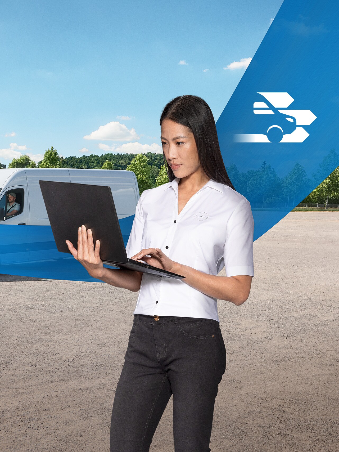 Woman holding a laptop standing in front of a white van, with a blue ribbon crossing the image. See through bonnet symbolises Mercedes-Benz diagnostics. 