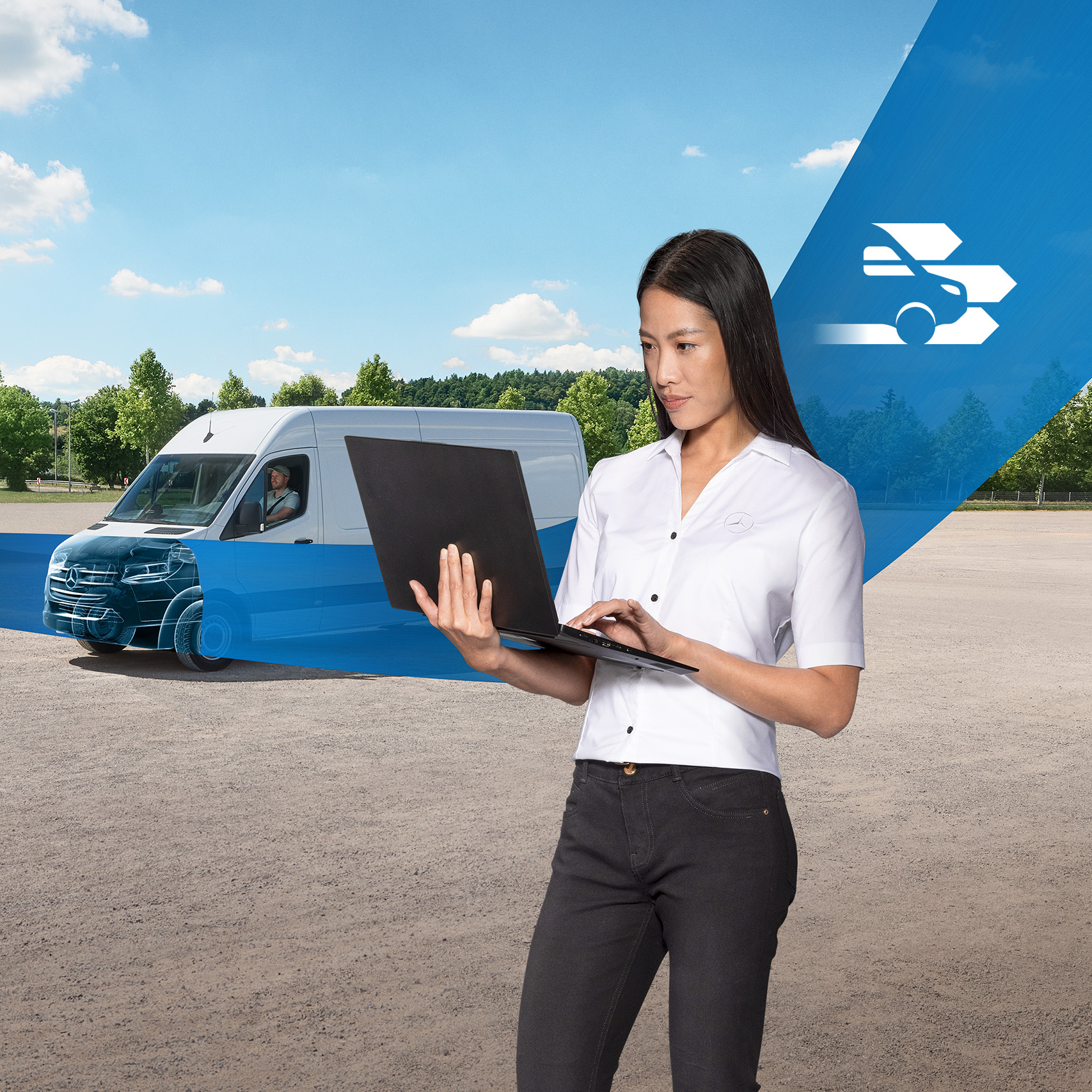 Mercedes-Benz | Vans Services | Overview Woman holding a laptop standing in front of a white van, with a blue ribbon crossing the image. See through bonnet symbolises Mercedes-Benz diagnostics.