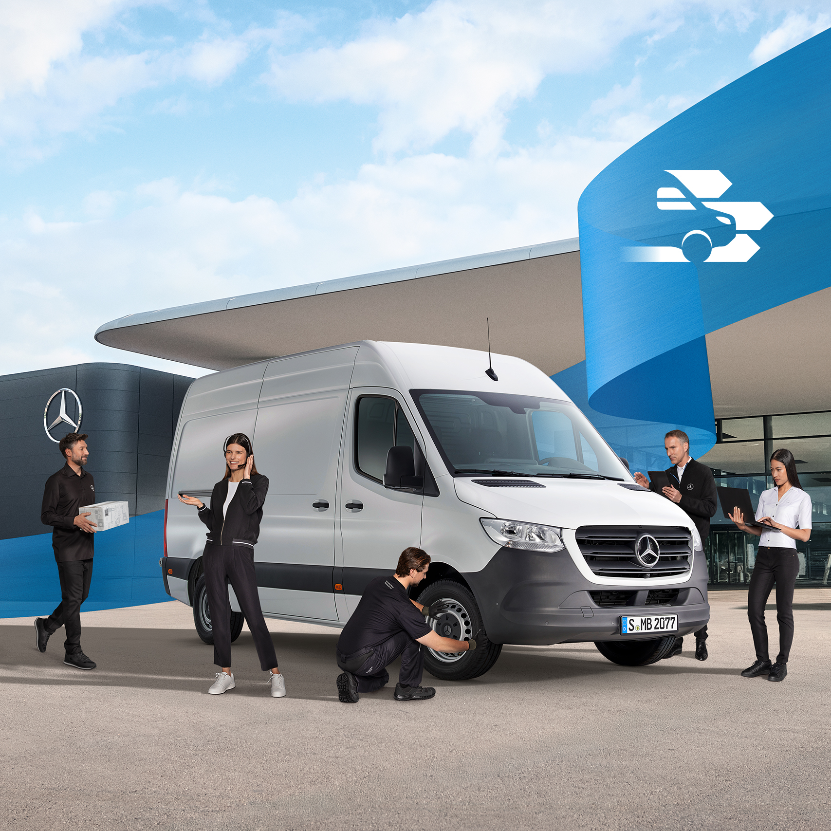 Mercedes-Benz | Service for Vans Five Mercedes-Benz employees around a white van on a Mercedes-Benz service partner car park.
