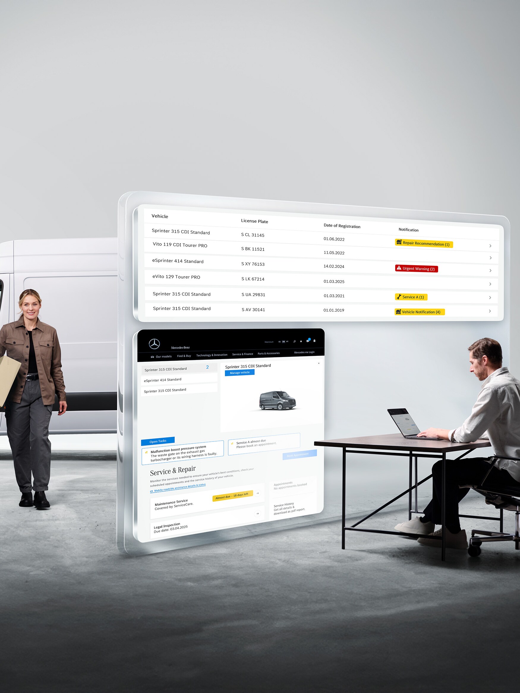 Digital Mercedes-Benz diagnostics: man on laptop, woman next to van, virtual diagnostic data displayed.