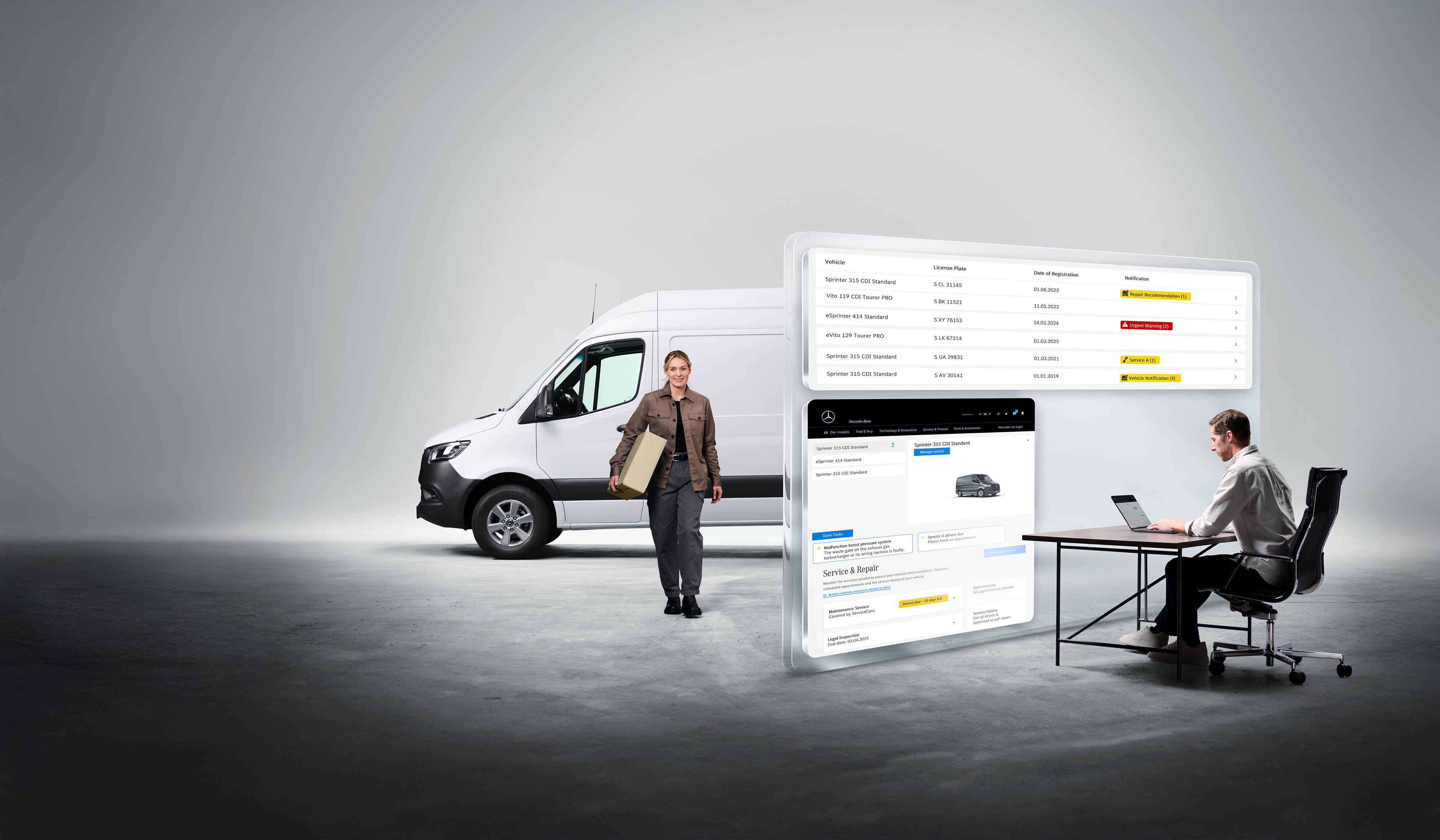 Mercedes-Benz | Van technology | Uptime Monitor Digital Mercedes-Benz diagnostics: man on laptop, woman next to van, virtual diagnostic data displayed.