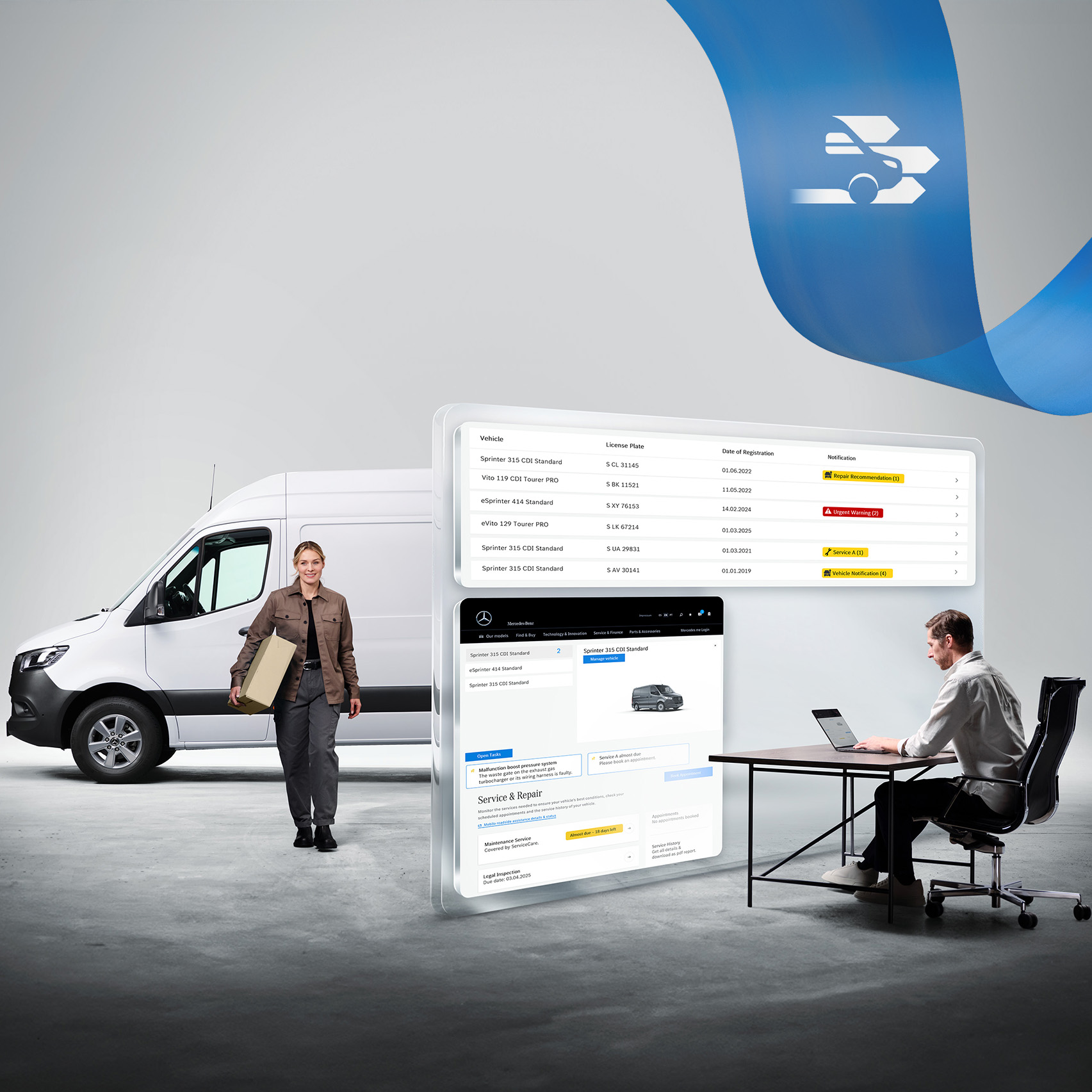 Mercedes-Benz | Vans Technology | Van Uptime Monitor A man monitoring fleet of vehicles on a laptop and delivery woman walking from her white Sprinter van in the background.