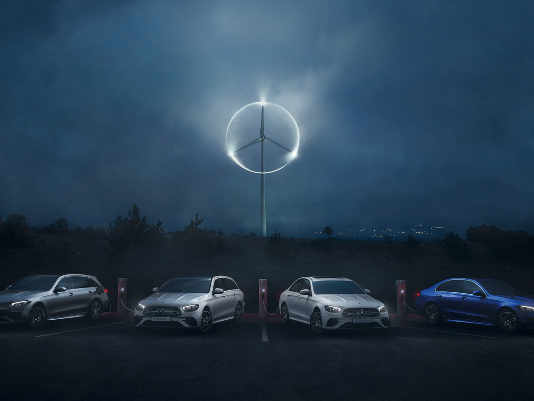 Mercedes-Benz cars and illuminated company logo Mercedes-Benz cars and illuminated company logo