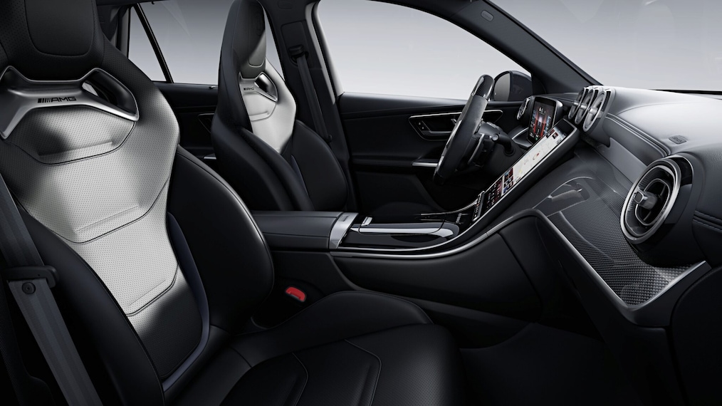 View through the open door on the passenger side to the front seats with AMG Performance Seat Package Advanced.