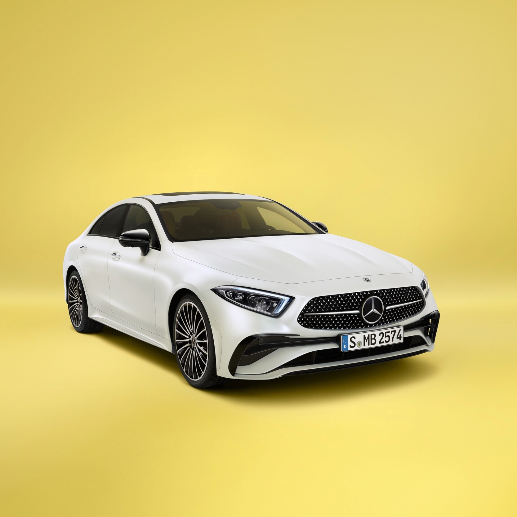 The Mercedes-Benz CLS in side front view.
