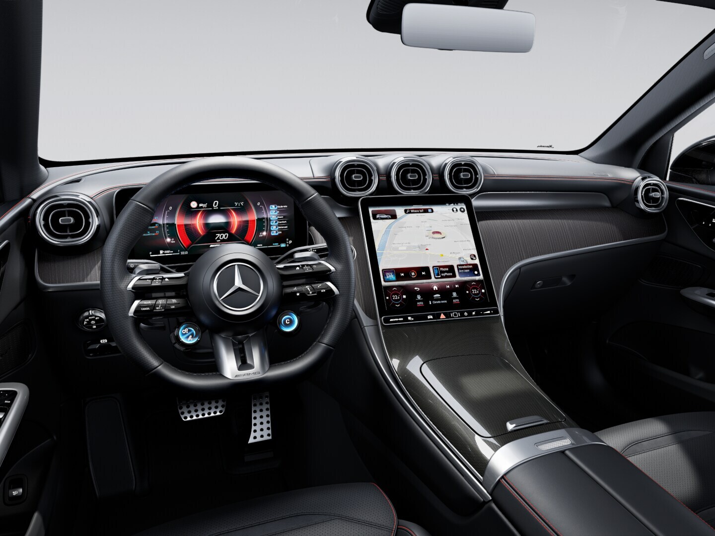 Angled front view of the new GLC SUV from Mercedes-Benz with the AMG Line and Night Package.
